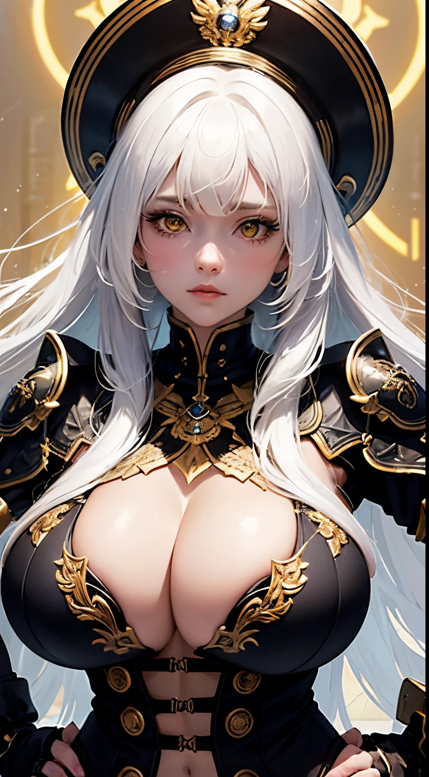 MKSK style, 1 plump girl, Cute big breasts, Surrounded by yellow lights, gold eyes, White hair, with black background, Close-up cleavage, No smile, tmasterpiece, ultra - detailed,Colossal tits,Huge cleavage