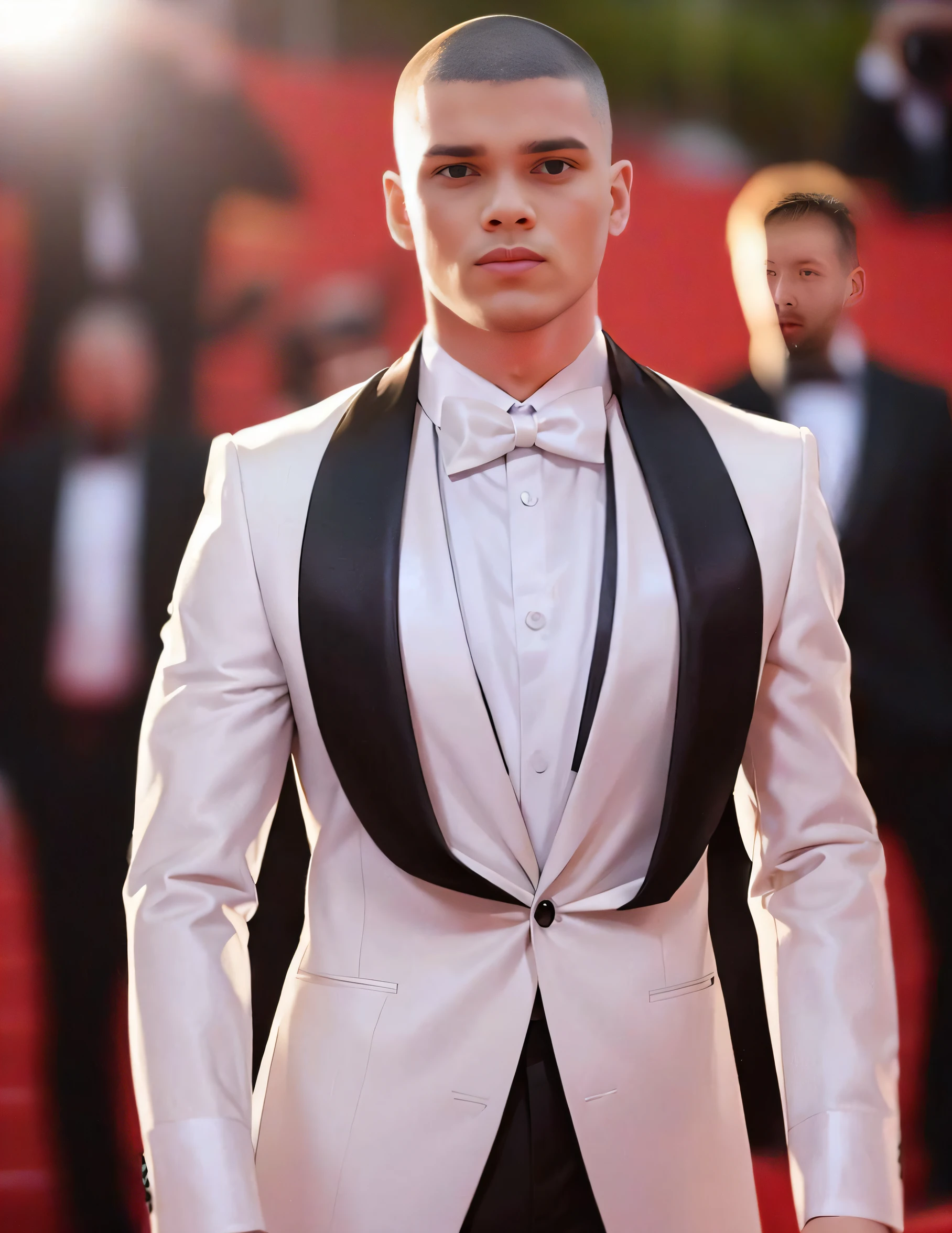 araffe dressed in a white tuxedo and black bow tie, white suit and black tie, wearing a white tuxedo, wearing a tuxedo, wearing tuxedo, tuxedo, in his suit, handsome and elegant, wearing white suit, suit ， perfect face, intricate suit, luxurious suit, white suit, suit made of stars, he is wearing a suit, wearing futuristic white suit