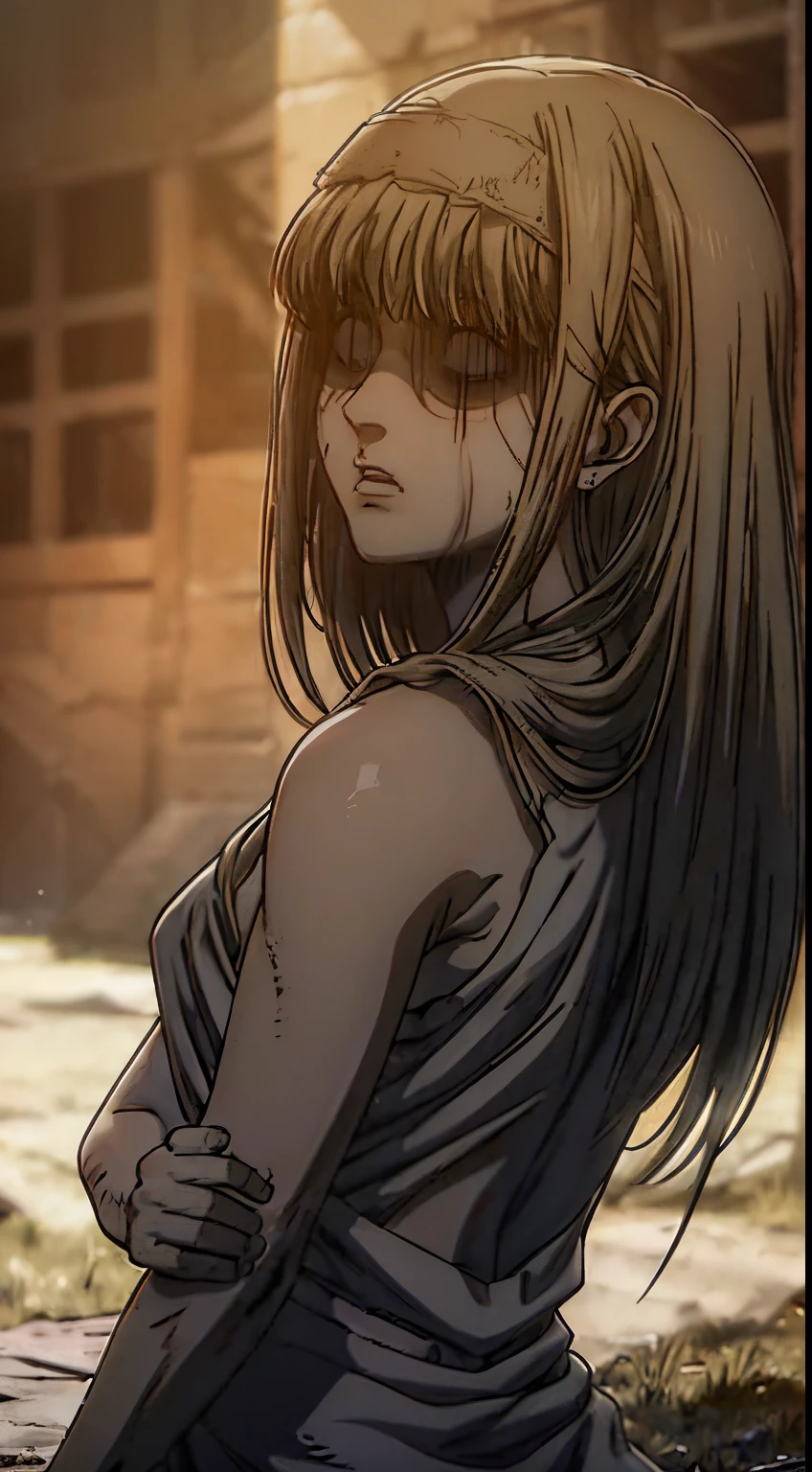 A girl with bright blue eyes and long silver hair, resembling Ymir Fritz, stands in the center of a desolate battlefield from the Attack on Titans series. She is dressed in a tattered cloak, her face marked with exhaustion and sorrow. The expression on her face reflects a deep sense of depression and sadness. Her lips are chapped, giving her an even more somber appearance. The scene is set against a backdrop of destruction, with crumbling buildings and the remnants of fallen titans.

The medium of this artwork is a detailed oil painting, showcasing the artist's skill and attention to realism. The brushstrokes capture every intricate detail of the girl's face, making her emotions palpable to the viewer. The texture of the paint adds depth and intensity to the overall composition.

Additional details include bloodstains on the girl's bandaged arms, emphasizing the brutality of the battle she has endured. The bandages wrap tightly around her wounds, showcasing her resilience and perseverance amidst the chaos. The wounds themselves are depicted with utmost realism, further emphasizing the gravity of the situation.

The image quality is of the highest standard, with a focus on capturing every minute detail. The resolution is set at 4K, resulting in a masterpiece that can truly be appreciated at the highest level. The artwork exudes an ultra-detailed and photorealistic quality, immersing the viewer in the emotionally charged atmosphere.

The art style is characterized by its dramatic and dark theme, reflecting the intensity of the Attack on Titans series. The color palette consists of deep and somber shades, with hints of red symbolizing the bloodshed and sacrifice. The lighting is low and moody, casting long shadows across the battlefield. This adds to the overall sense of despair and tragedy portrayed in the artwork.