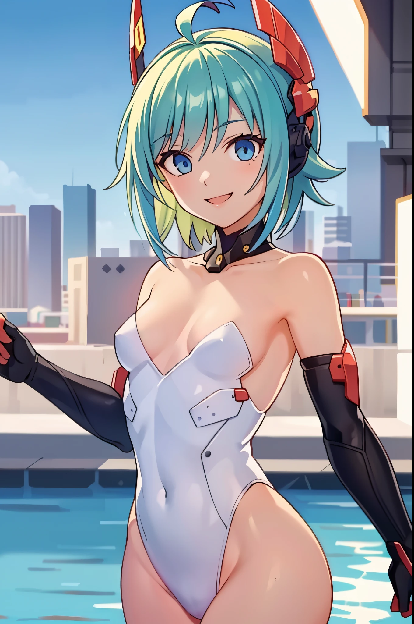 (best quality,4k,8k,highres,masterpiece:1.2),ultra-detailed,realistic,beautiful detailed eyes,beautiful detailed lips,extremely detailed eyes and face,longeyelashes,portraits,naked,green hair, short hair,blue eyes,red mecha headgear,small breasts,smiling,piscina,sharp focus,vivid colors, full body in frame, sun light in front, less shadow