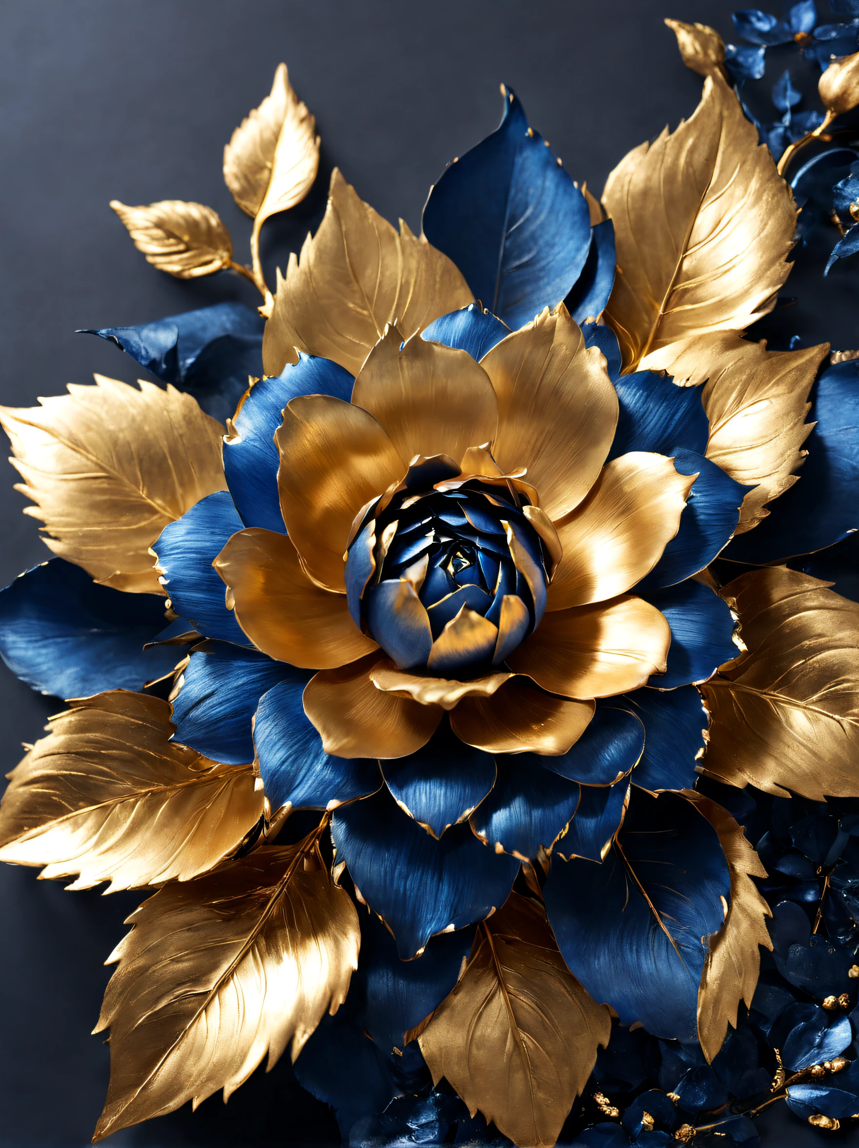 (Blue enchantress rose flower made of precious metal）, Each metallic blue enchantress flower has cascading petals， Blue spray gold sand，gilded，Rich metallic texture，they are dark blue，Like the night sky and the deep sea，Has an attractive metallic luster，leaves made of platinum，（Petals trimmed with gold：0.6），The edges of the petals are brushed metal, (Gold-plated embossing: 1.37), golden sunflower flower, golden rose, flowers and gold, Gorgeous flowers,intricate flowers, Messy golden leaf flowers, 16K,baroque element, Capturing light and shadow backgrounds：Rochas，Give people a kind of tenacious growth、The feeling of unyielding life