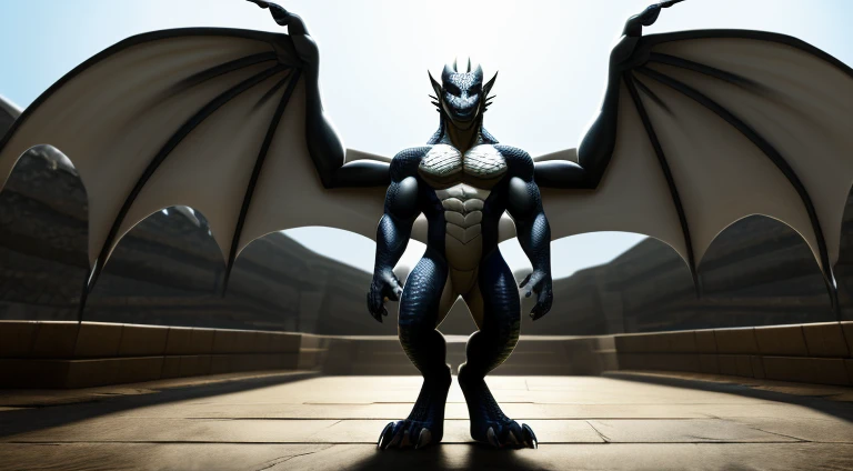 ((solo, full body perspective, masterpiece, chest level shot, standing, calm expression, anthro, looking at viewer, high resolution, 4K, best quality)), male, adult, ((dragon-face, leathery wings, detailed scales, extremely detailed, muscled body, medium-length tail, scales, three toes, two-tone scales, white and black body)), grey eyes, high contrast, dynamic composition, (five fingers, clawed fingers)