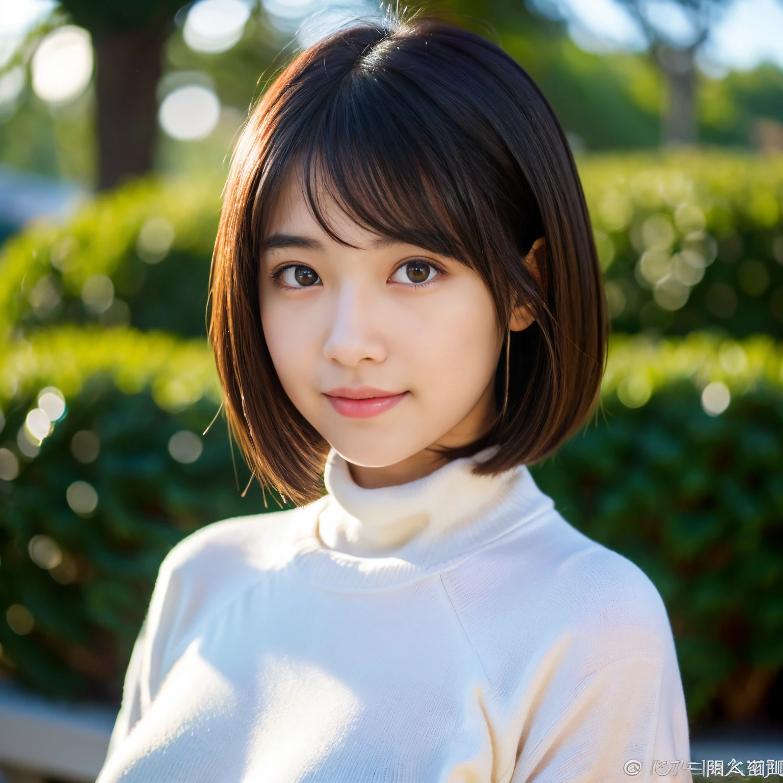 Best-quality, Masterpiece, Ultra-High-Resolution, (Photorealistic:1.4), Raw-Photo, Extremely-Details, Perfect-Anatomy, 1girl, 18-years-old, the most famous Japanese idol, portrait, from behind, looking back at viewer, innocent smile, wearing very tight and long-sleevele turtleneck brown sweater with cute design, detailed extremely cute face like a most popular Japanese idol, detailed extremely beautiful big black solid circle eyes, detailed extremely beautiful black short-cut-haired, detailed extremely beautiful realistic skins, detailed extremely beautiful big breasts, detailed very tight and long-sleeve turtleneck brown sweater with cute design