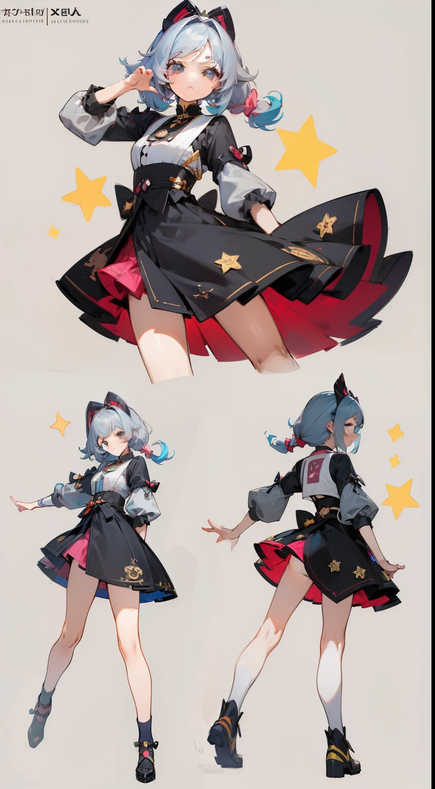 ((master piece)),(((best quality))),(Character design sheet, Same character, front, side, back), illustration, 1 girl, Multiple hair color, side bangs, scenery changing environment, Fax hairstyle, Zitai Pose, &quot;Woman, modern harajuku fashion, Style, stylish, Kpop, Jpop, Visual Kei, star, kawaii, cute, Adorable, Stars, GLOWS,Charturnbetalora, (single background, gray background: 1.3), --5 different poses