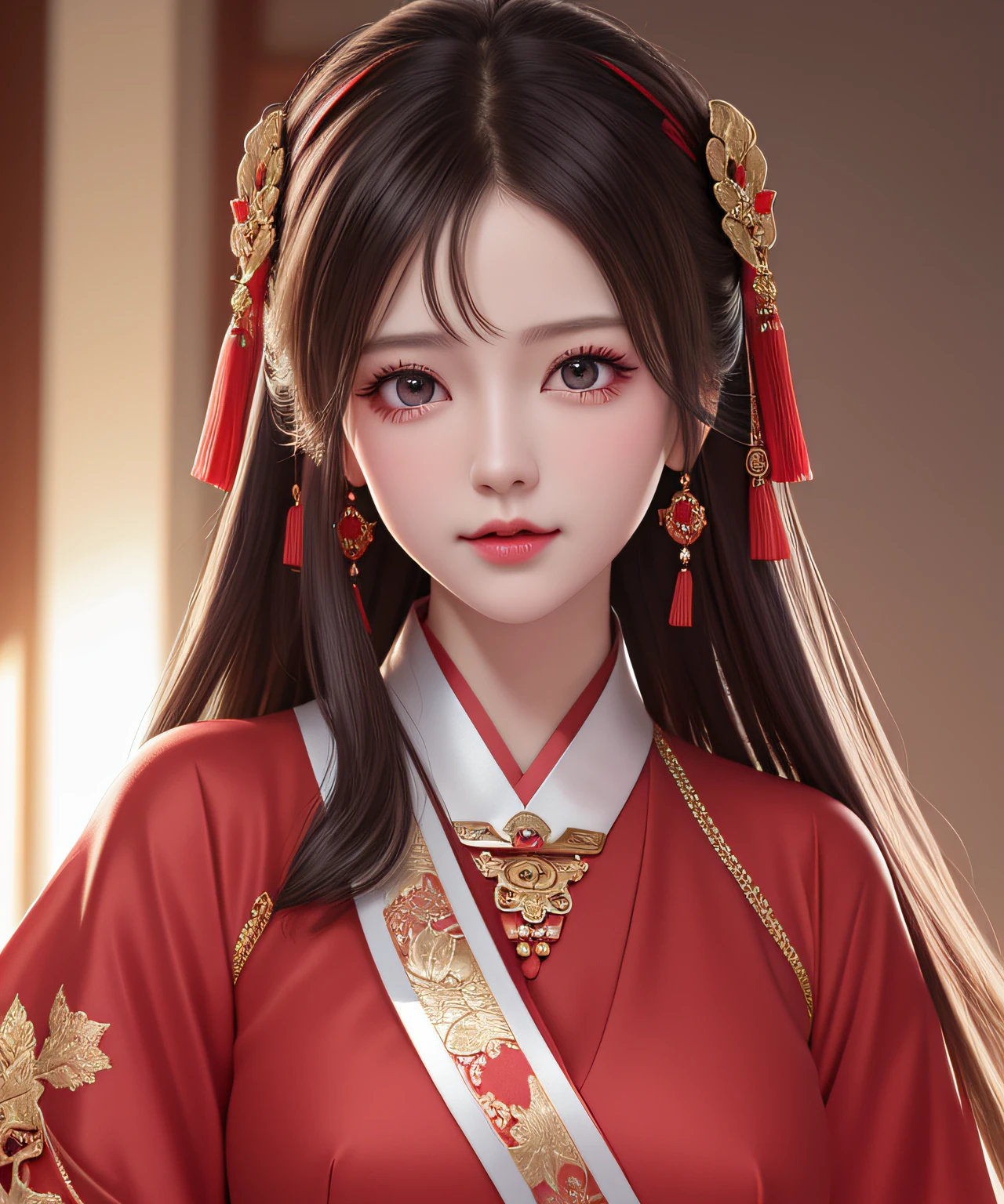 Best quality at best, tmasterpiece, A high resolution, 1个Giant Breast Girl, china hanfu,Chinese architect background, red neckchief, hair adornments,choker necklace, jewely,pretty face,above_body, dingdall effect,realisticlying, dark studio, edge lit, two color lights,(highdetailskin:1.2), 8k ultra high definition, SLR camera, gentlesoftlighting, high qulity, Volumetriclighting, Frankness, photore, A high resolution, 4K, 8K, bokeh,girl in red dress