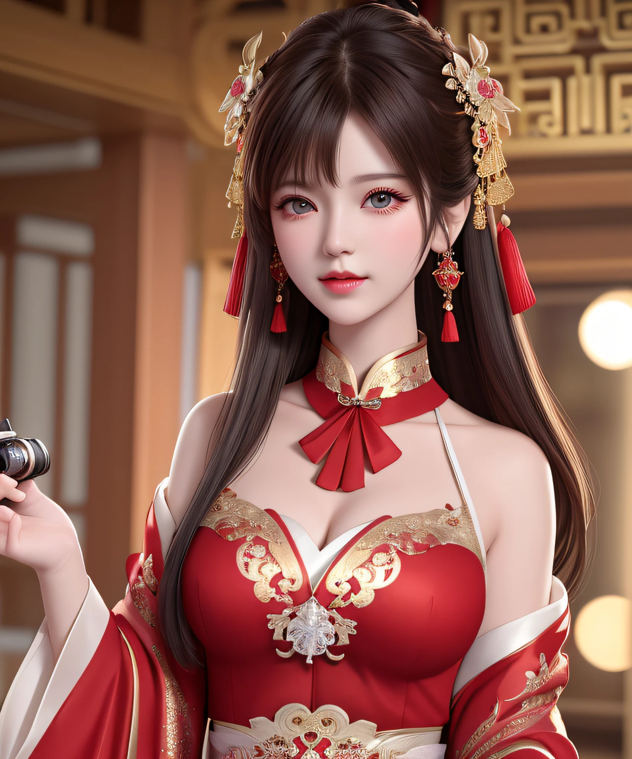 Best quality at best, tmasterpiece, A high resolution, 1个Giant Breast Girl, china hanfu,Chinese architect background, red neckchief, hair adornments,choker necklace, jewely,pretty face,above_body, dingdall effect,realisticlying, dark studio, edge lit, two color lights,(highdetailskin:1.2), 8k ultra high definition, SLR camera, gentlesoftlighting, high qulity, Volumetriclighting, Frankness, photore, A high resolution, 4K, 8K, bokeh,girl in red dress