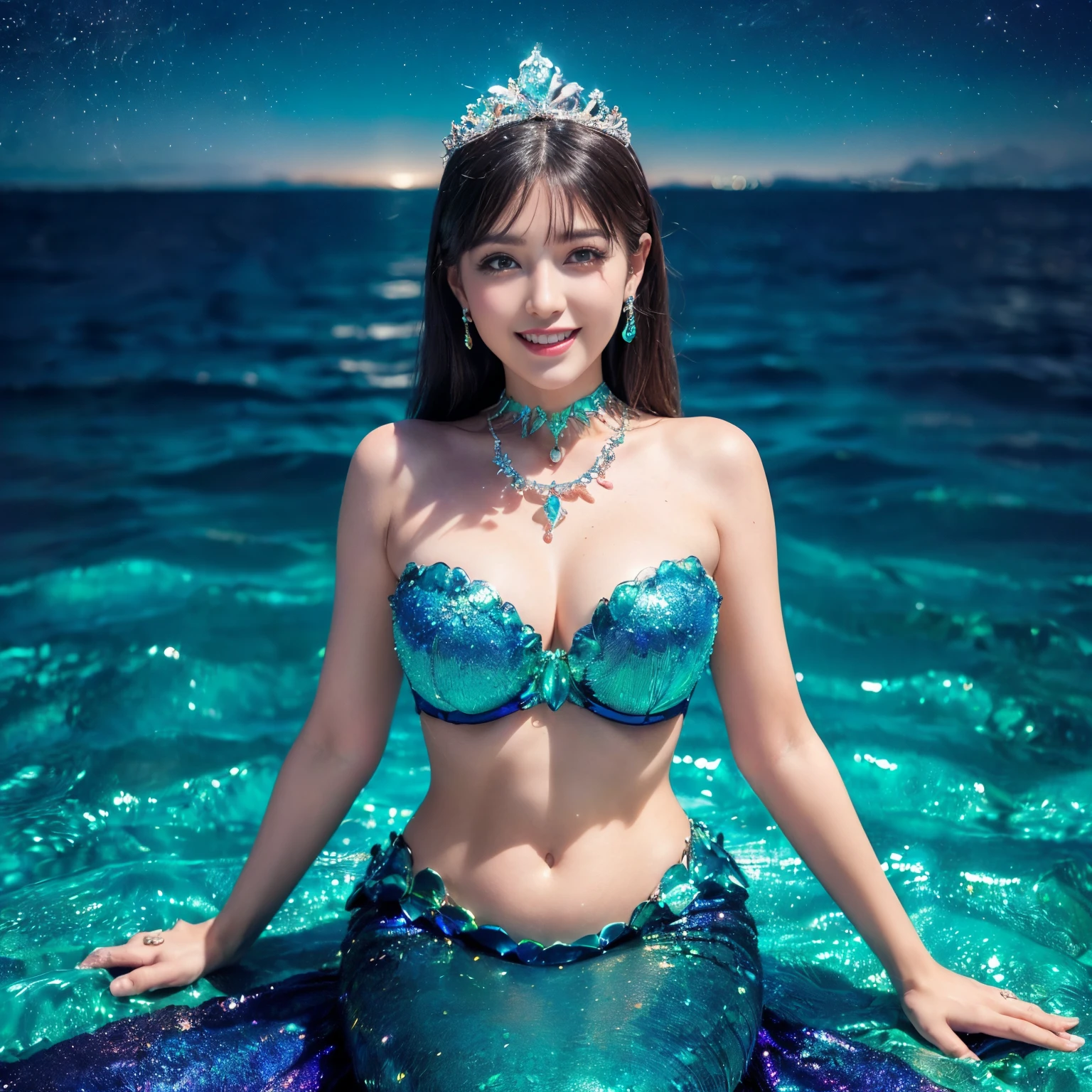 ((top-quality、masutepiece、8K、Top image quality、Highly complex and detailed depictions))、((Little mermaid,slender and large breasts、A big smile staring at the camera、Shot close to the face))、((sit on land、Very fine detail、Her whole body is shown、You can also see her tail)),((nigh sky、Full Night、purple and blue sky、the ocean at night、Fantastic starry sky、Shining starry sky、shining sky、Meteor swarm、shooting stars))、((colossal, Intricate and sparkling necklace、The finest giant tiara、Mermaid tail、Intricately glowing iridescent scales、Gradients on the most beautiful scales、The most complex and detailed scale、Realistic scale、Rainbow glowing scales))、((Princess Costume、Bra with plenty of high-quality jewelry、intricate giant necklace、The whole body is decorated with fine jewelry、Iridescent decoration))、((Fantastic sea、The sea sparkles like a jewel、Detailed sea,、Fine shine、Glittering Sea、Sparkling water surface))、(Detailed ocean depiction、The most realistic and complex backgrounds、Complex and detailed background))