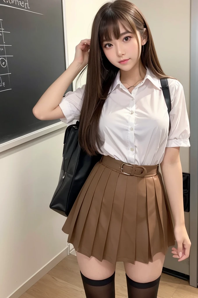 (masterpiece、best quality、extremely detailed 8k、ultra hd、ultra-detailed、highly detailed、highly realistic、photo realistic)、(beautiful realistic face、detailed realistic face)、Extraordinary sexy beauty、brown_hair、long bangs between the eyes,、Super medium bright brown_hair straight hair、hair ornament、 hairclip、beautiful countenance、Very cute beautiful sexy young little woman、Very perfect beautiful cute face、Glowing big bright light green eyes、15yo student、brown_hair、Young Western Woman、Beautiful white shiny skin、 bag、 black legwear、 chalkboard、 classroom、skirt、red skirt、 pleated skirt、 red skirt、 school bag、 school 、uniform、thighhighs、open_shirt、 busty, nipples,、small nipples、 panties、 pantyshot、 pink_panties, rating:explicit、