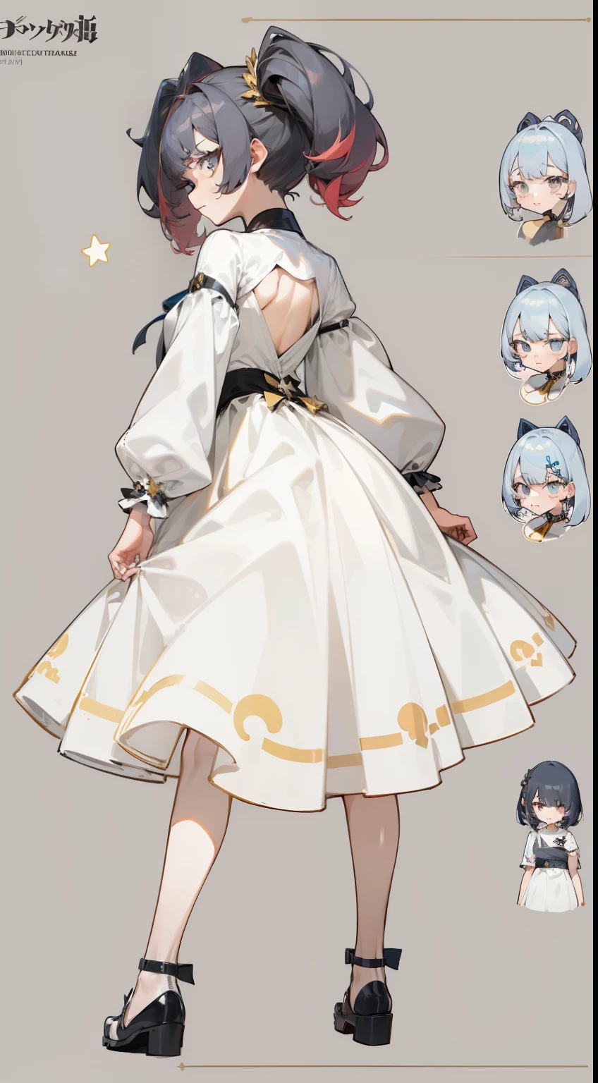 ((master piece)),(((best quality))),(Character design sheet, Same character, front, side, back), illustration, 1 girl, Multiple hair color, side bangs, scenery changing environment, Fax hairstyle, Zitai Pose, "Woman, modern harajuku fashion, Style, stylish, Kpop, Jpop, Visual Kei, star, kawaii, cute, Adorable, Stars, GLOWS,Charturnbetalora, (single background, gray background: 1.3), --5 different poses