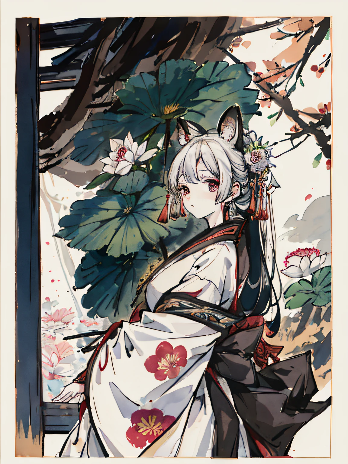 ((4K、​masterpiece、top-quality))、ink and watercolor painting、Traditional Chinese Ink Painting、lotuses、torii gate、Maxi Kit、shrine maiden clothe、 1boys, 独奏, white  hair, Fox ears, bule, florals, Lots of flowers nearby, Looking at the front、Fox Face