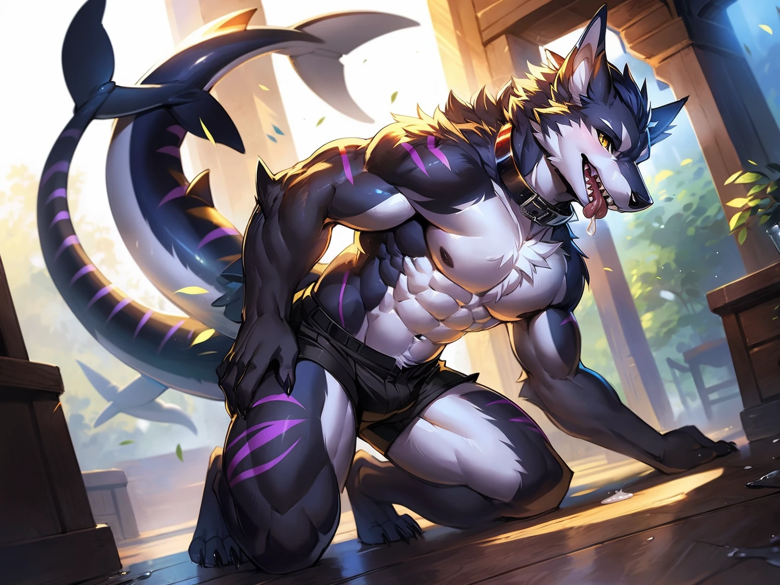 Beautiful detailed portrait showing male werewolf , Full body like，subtract, author：ross tran,ruanjia, A high resolution, photo-realism, 电影灯光,Muscle tissue，kneel，Vigorous， White belly，Hairy belly，Black  shorts，canineteeth, ssmile, Undress，Clothes were thrown to the floor，fig leaves，with her mouth open，Stick out her tongue，drools，Intimacies，Alone, 1 boy, self-shot, , Beautiful quality illustrations, luring, Fluffy fur, Black fur,Purple stripes, Charismatic，intoxicated，slow，collars，Nice face, low angle view,Milk spills into the lower body，Milk spilled all over the floor，Shark tail，leaning backward