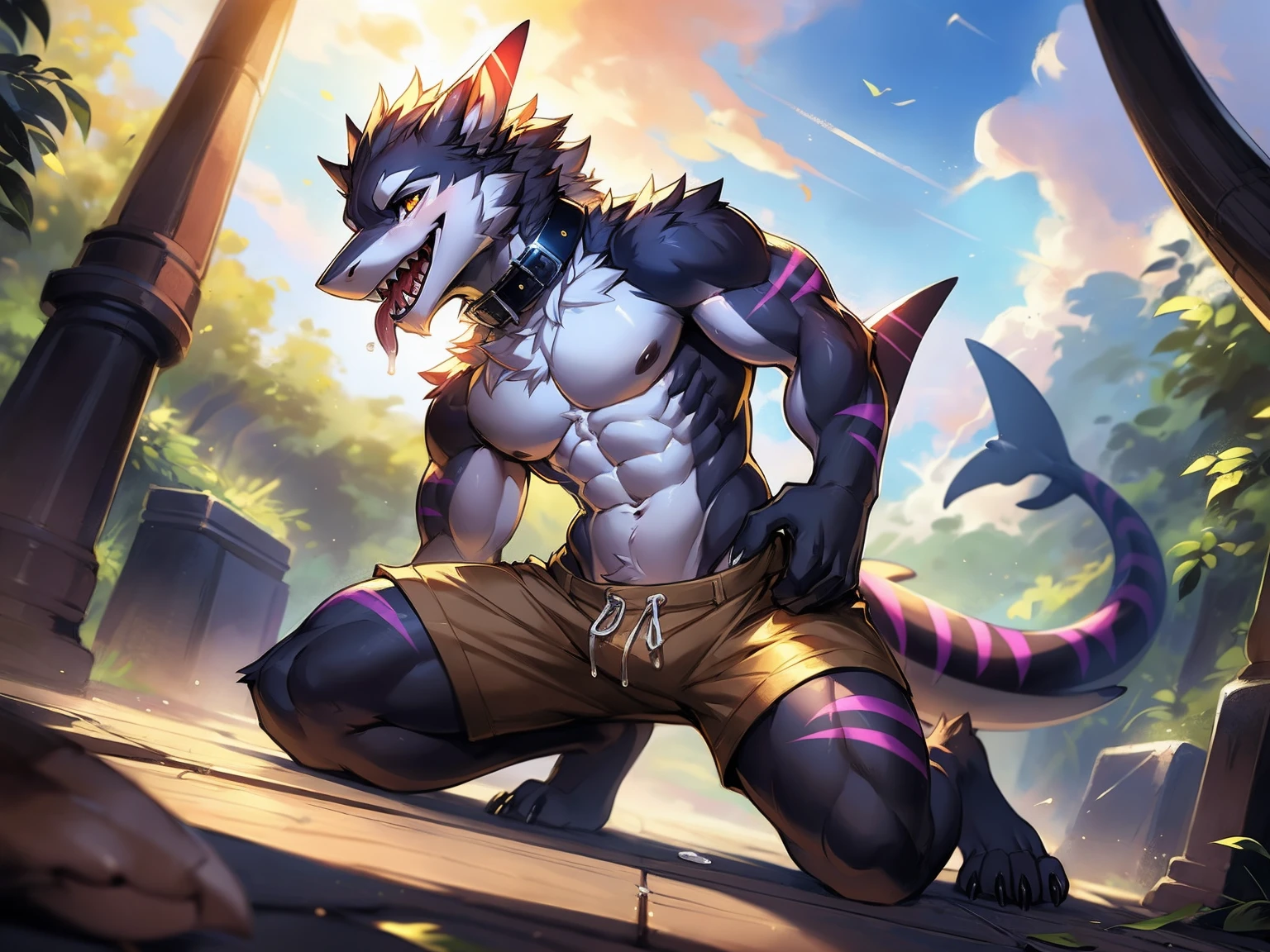 Beautiful detailed portrait showing male werewolf , Full body like,subtract, author:ross tran,ruanjia, A high resolution, photo-realism, 电影灯光,Muscle tissue,kneel,Vigorous, White belly,Hairy belly,Black shorts,canineteeth, ssmile, Undress,Clothes were thrown to the floor,fig leaves,with her mouth open,Stick out her tongue,drools,Intimacies,Alone, 1 boy, self-shot, , Beautiful quality illustrations, luring, Fluffy fur, Black fur,Purple stripes, Charismatic,intoxicated,slow,collars,Nice face, low angle view,Milk spills into the lower body,Milk spilled all over the floor,Shark tail,leaning backward