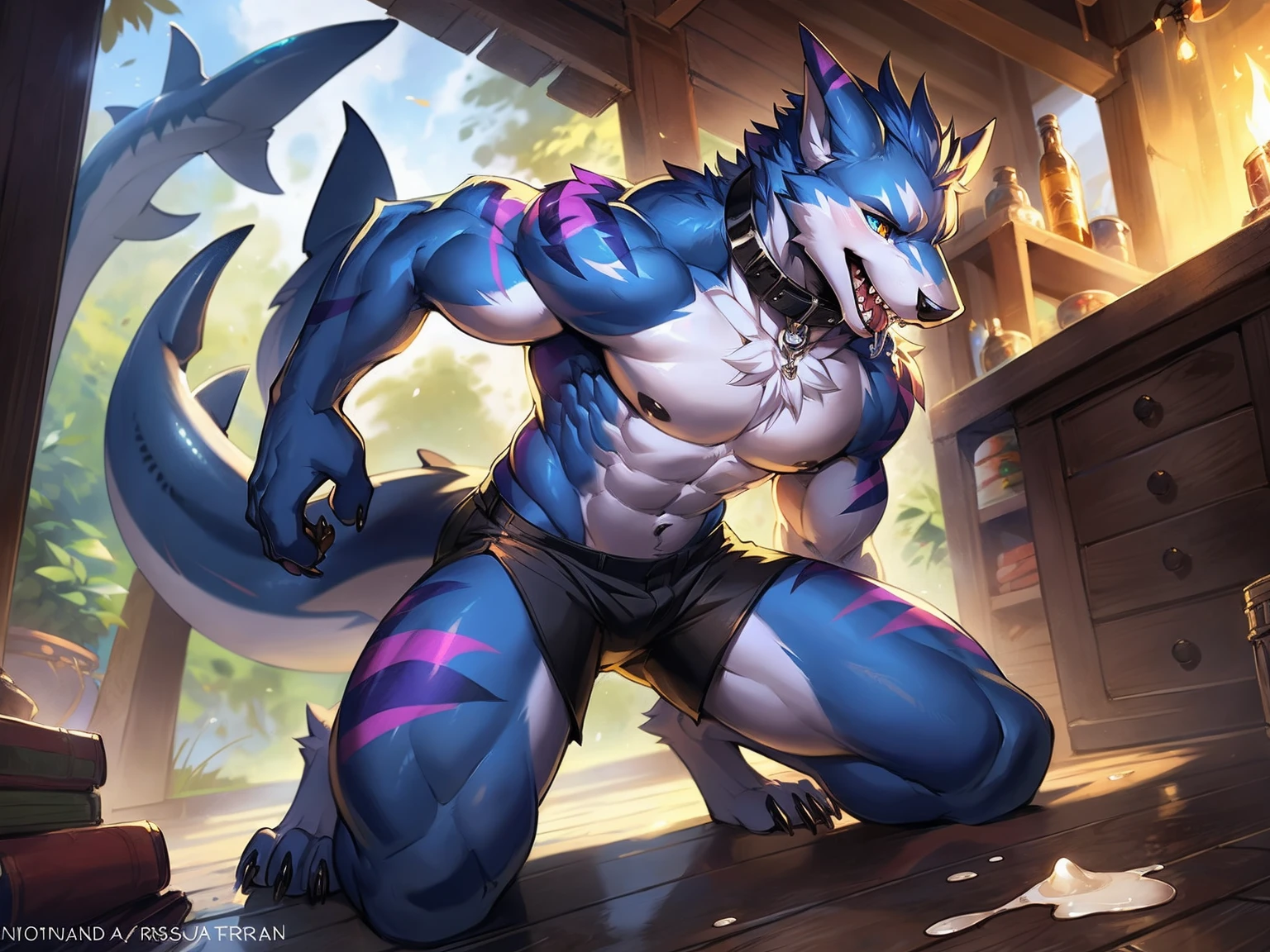 Beautiful detailed portrait showing male werewolf , Full body like，subtract, author：ross tran,ruanjia, A high resolution, photo-realism, 电影灯光,Muscle tissue，kneel，Vigorous， White belly，Hairy belly，Black  shorts，canineteeth, ssmile, Undress，Clothes were thrown to the floor，fig leaves，with her mouth open，Stick out her tongue，drools，Intimacies，Alone, 1 boy, self-shot, , Beautiful quality illustrations, luring, Fluffy fur, Black fur,Purple stripes, Charismatic，intoxicated，slow，collars，Nice face, low angle view,Milk spills into the lower body，Milk spilled all over the floor，Shark tail，leaning backward