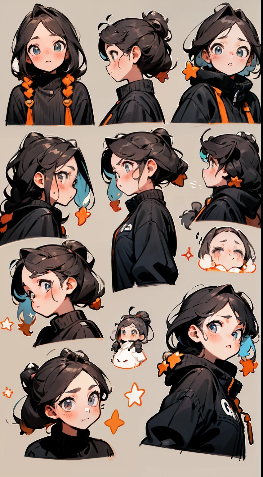 ((master piece)),(((best quality))),(Character design sheet, Same character, front, side, back), illustration, 1 girl, Multiple hair color, side bangs, scenery changing environment, Fax hairstyle, Zitai Pose, &quot;Woman, modern harajuku fashion, Style, stylish, Kpop, Jpop, Visual Kei, star, kawaii, cute, Adorable, Stars, GLOWS,Charturnbetalora, (single background, gray background: 1.3), --5 different poses