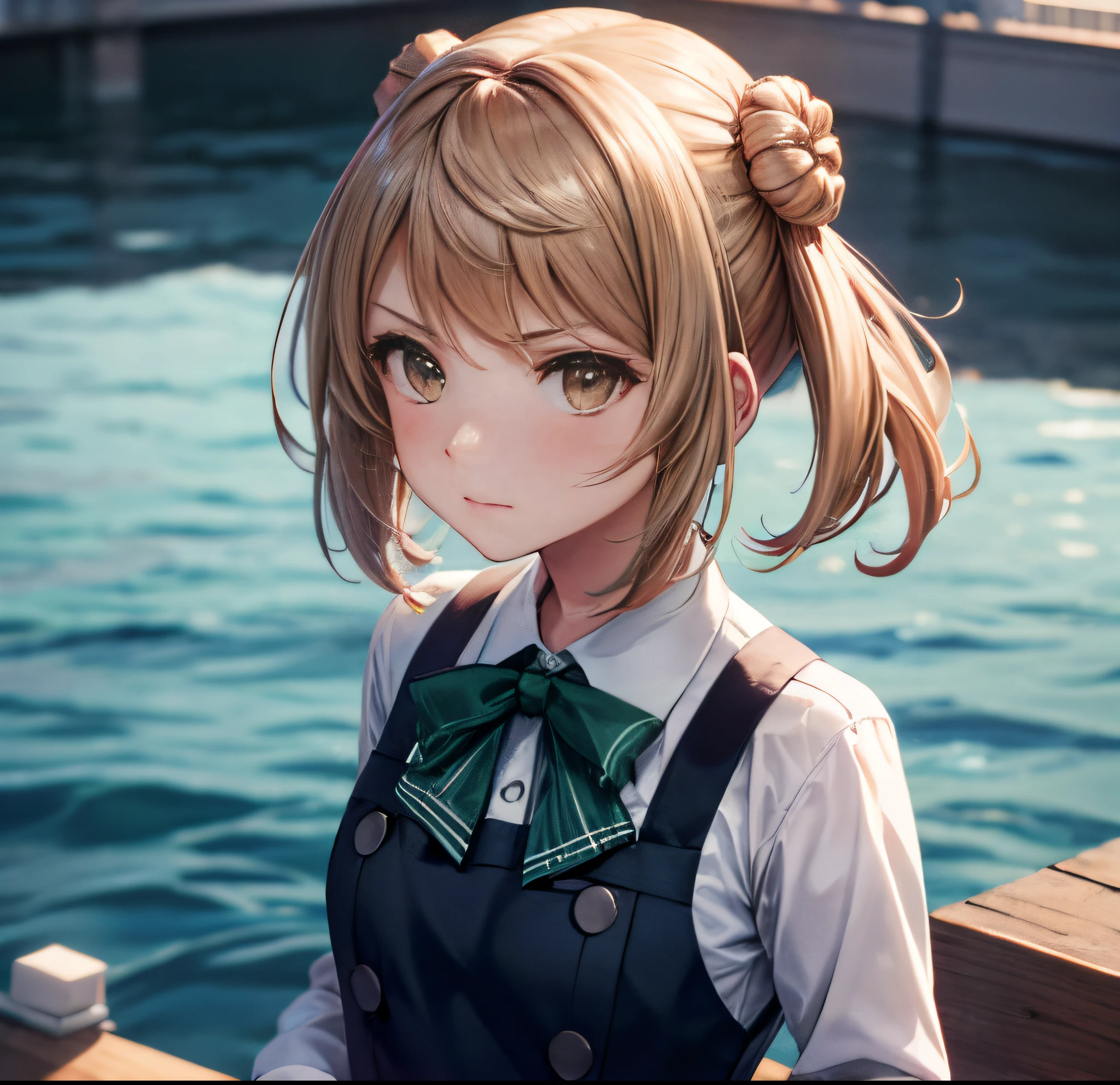 {{on the deck of warship}}, {{in front of the canon}}, {{love live!}},{{masterpiece}}, {highly detailed}, ,(masterpiece, best quality:1.2), upper body, MichishioKC, {{from below}}, angry, school uniform, pinafore dress, green ribbon, looking at viewer, small breast, long sleeve, anime nose