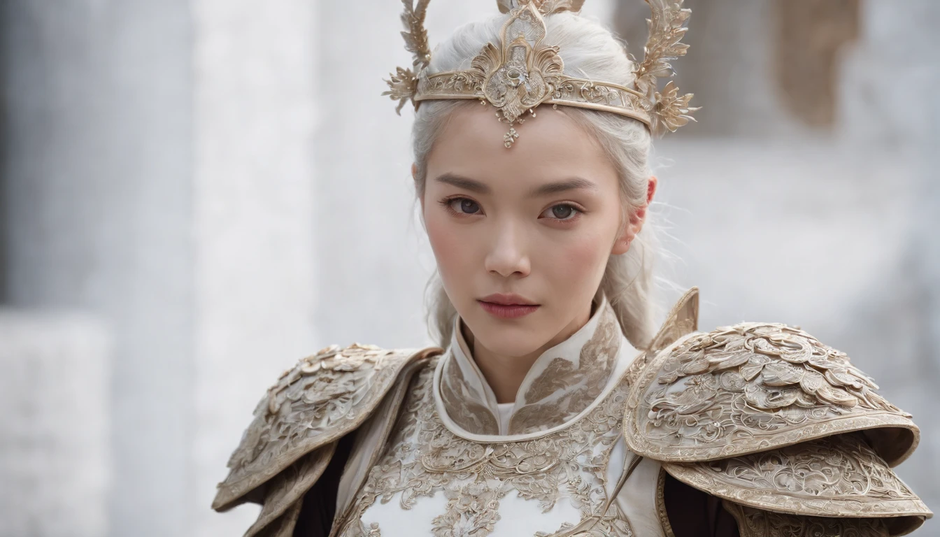 (((top-quality: 1.4))),(Unbeatable masterpiece),超高分辨率,(真实感:1.4),intricately details, Dressed in period costume,Amazing,Middle age,asian male,Looking to the left,Surreal photography, (cabelos preto e longos), Have a well-proportioned figure, (Beautiful and detailed armor), hugs, Exquisite (white platinum) filigrees, Complex filigree, glowing, The content is very detailed, intricately details, facial-symmetry, tmasterpiece, Award-winning, Focus sharp, concept-art, , Octagon rendering,(Half-length picture :1.5