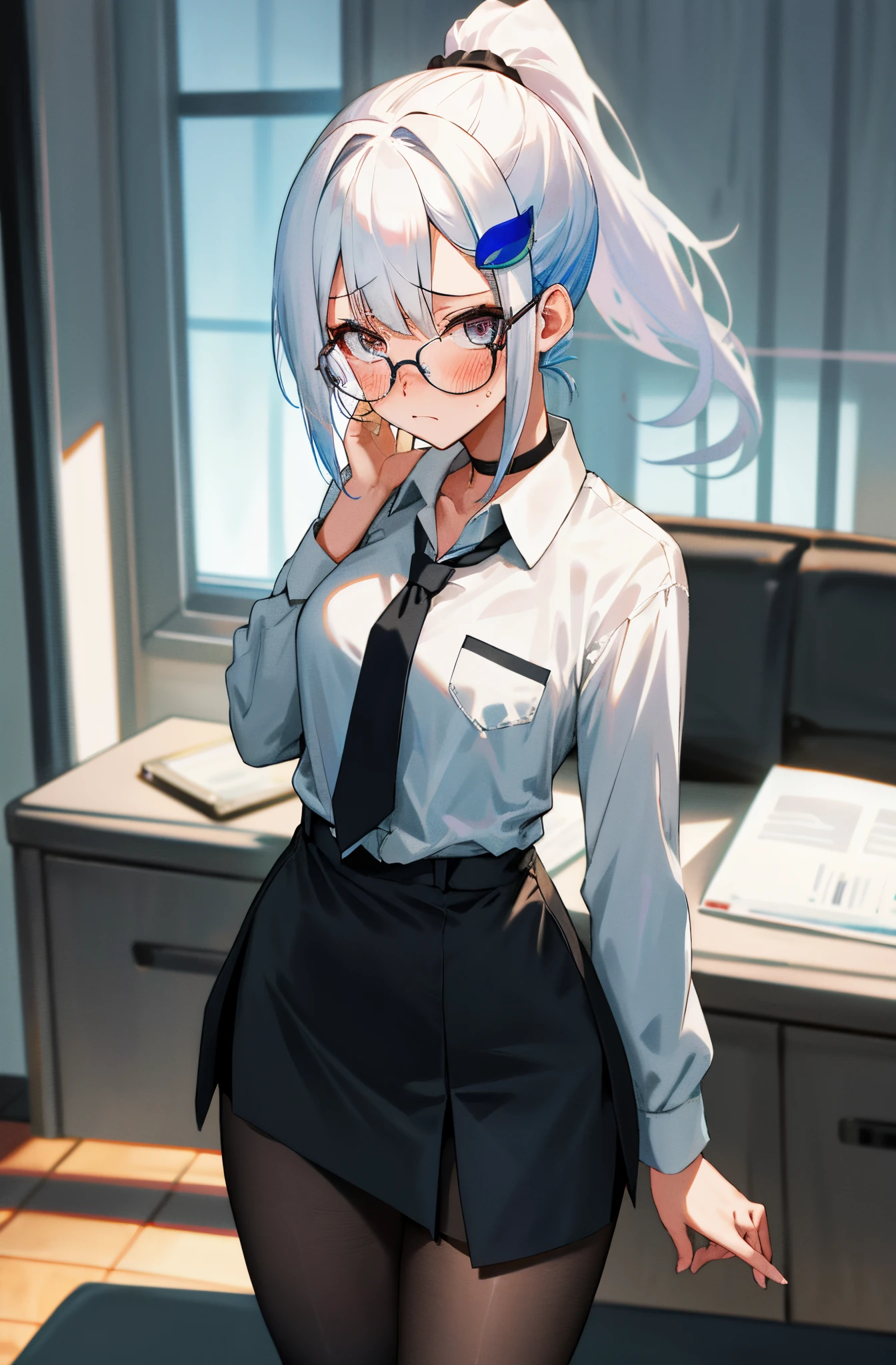 One girl with high ponytail hair, white hair, blue inner hair, looking at viewer, embarrassed, blushing, tears, indoor, living room, suit, black formal blazer, white shirts, black necktie, mini skirt, office lady, thigh, slim, dizzy, choker, mid-chest, wide hips, perfect waist, spread legs, night atmosphere, hair ornament, standing, glasses, pantyhose, (embarrassed:1.0)