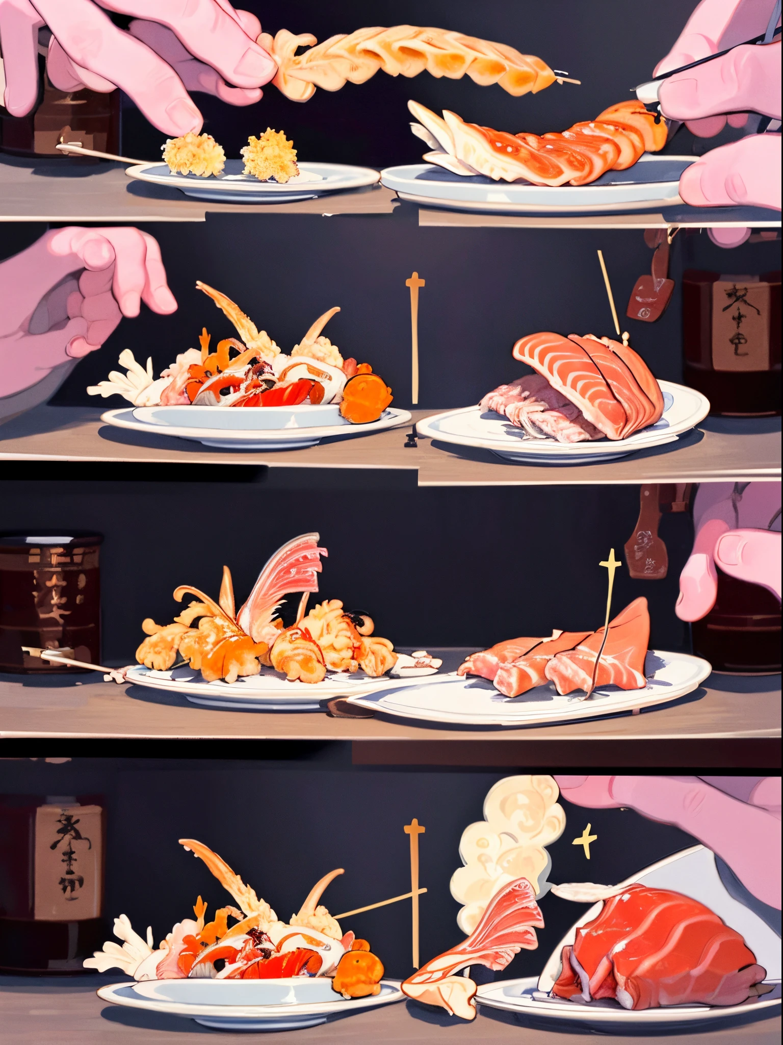 tmasterpiece, Best quality at best, The content is very detailed, detailedbackground, Detailed faces, 1 boy，Eat Japanese Sashimi，tempura，Exaggerated mouth tuna sashimi，Close her eyes，Copper pan，k hd，Clean common areas，multi-detail