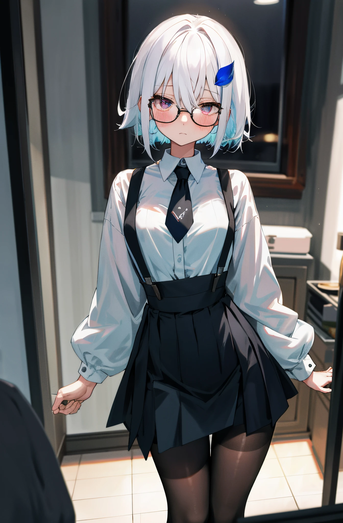 One girl with short messy hair, hair between eyes, white hair, blue inner hair, looking at viewer, blushing, expressionless, ringed eyes, indoor, living room, suit, black suspenders, white shirts, black necktie, mini skirt, office lady, thigh, slim, dizzy, choker, mid-chest, wide hips, perfect waist, spread legs, night atmosphere, hair ornament, standing, glasses, pantyhose,