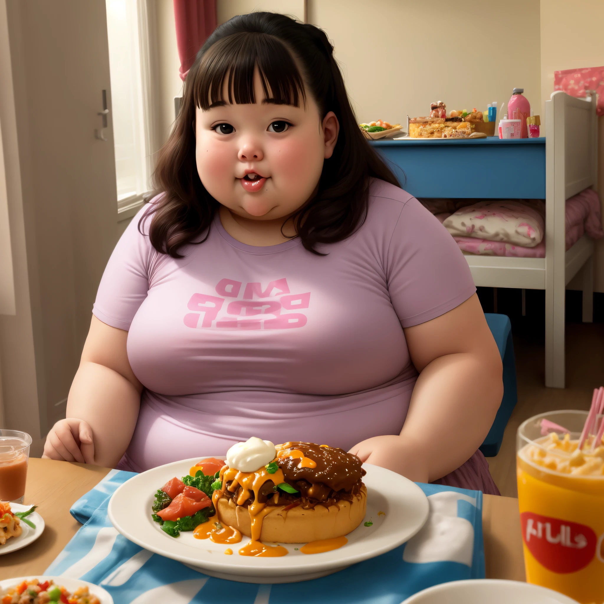 Fat Woman, Obese, Big Size, Round face, Double chin, Overweight,Shoulder-length fluffy hair , Eating deliciously,Looking at the camera,smile、