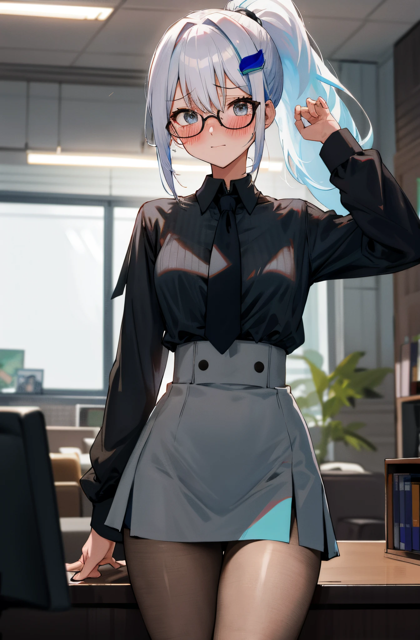 One girl with high ponytail hair, white hair, blue inner hair, looking at viewer, embarrassed, blushing, tears, indoor, living room, suit, black shirts, grey necktie, mini skirt, office lady, thigh, slim, dizzy, choker, mid-chest, wide hips, perfect waist, spread legs, night atmosphere, hair ornament, standing, glasses, pantyhose, (embarrassed:1.0)
