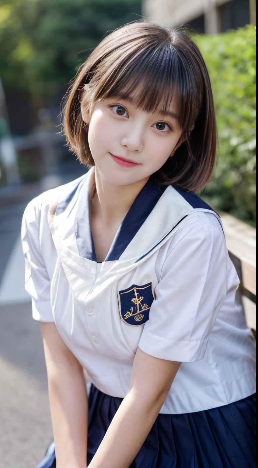 ​masterpiece、4K、top-quality、beautiful japanese female、detail portrayal、1 girl in、18year old、(Idol style super cute face 1.２), (White short-sleeved shirt、Sailor School Uniform、Navy blue pleated skirt)、A dark-haired、Slightly longer bob hair、naturey、depth of fields、(Angle from top:1.2)、