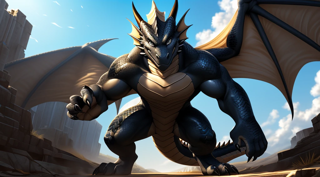 ((nj5furry, solo, upper body perspective, masterpiece, chest level shot, standing, calm expression, anthro, dragon, looking at viewer, high resolution, 4K, best quality)), male, adult, ((dragon-face, leathery wings, detailed scales, extremely detailed, muscled body, medium-length tail, scales, three toes, two-tone scales, white and black body)), grey eyes, high contrast, dynamic composition, (five fingers, clawed fingers)