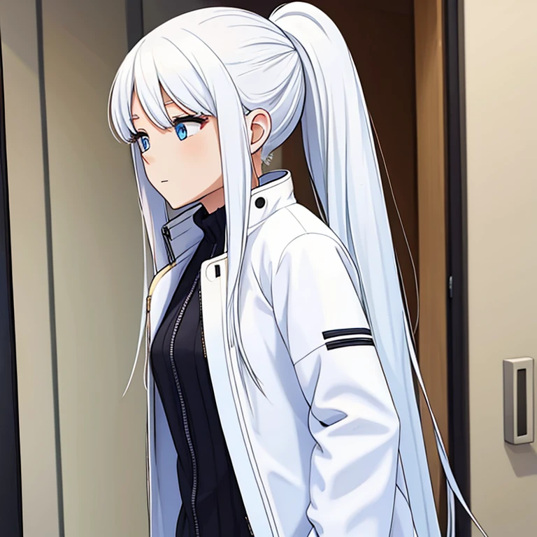 Woman with long white hair, wearing a jacket behind her back, dressed neatly