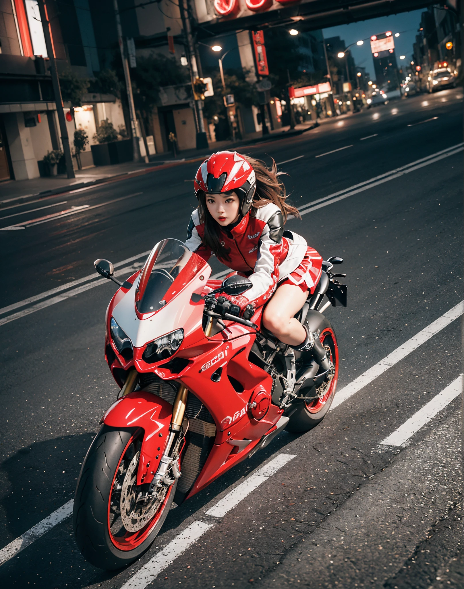 hight resolution、high-level image quality、in 8K、Real live-action、Raw photography、top-quality、masterpiece、masutepiece、(Soft Saturation:1)、(depth of fields:1.2)、(Ray traching:1.2)、Shot diagonally from above、mid night、optic、The background is a sci-fi future city at night....、Light traces、Flowing light、heavy wind、Big red motorcycle speeding through the city at night、Young woman in red dress sitting on a big red motorcycle, Beautiful face、kawaii faces、(Red Skin Jacket:1.2)、(Red short skirt:1.3)、white knee highs、(Red boots:1.2、Draw the toes:1.2)、perfect hand、perfect foot、perfect ankles、Perfect toes、Perfect toes、Perfect Heel:1.3、((Grasp the controller with both hands:1.2))、Slouched、put one'Upper body, Lower body:1.2、Sitting on the Ducati Panigale V4,Riding the Ducati Panigale V4, Sci-fi style bikes, Sci-fi style bikes, Ducati Panigale V4 Motorcycle Rider, How to ride the Ducati Panigale V4, (Draw left and right rearview mirrors:1.3)、headlights shine blue、picture of a female biker, motorbike,Motorcycle displacement: Ducati Panigale V4 Details、motion-blur、raise white smoke、