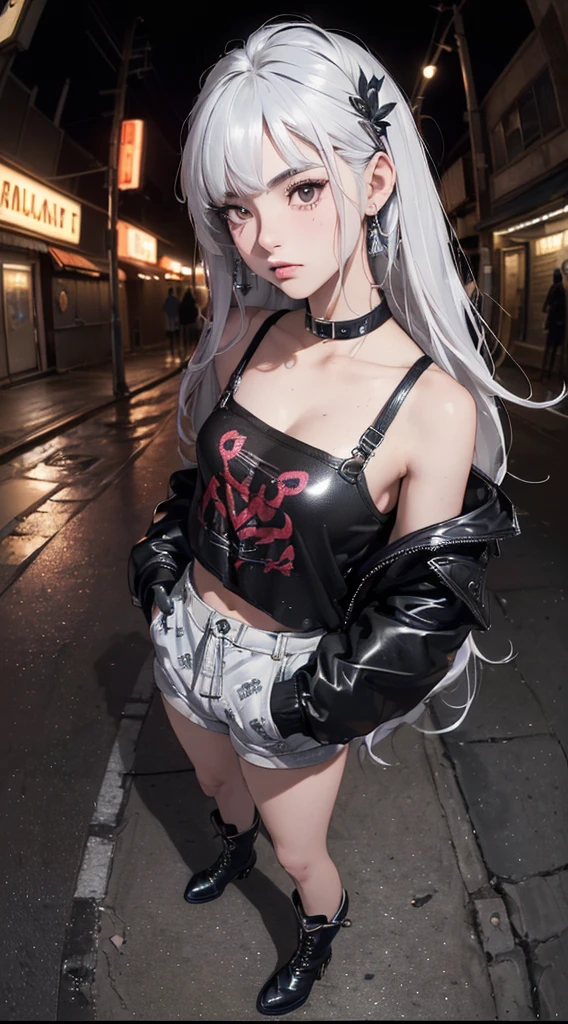 (((8k wallpaper of extremely detailed CG unit:1.2, masterpiece, hight resolution:1.2, top-quality:1.2, masutepiece))), ((a very beautiful woman, Hands in pockets:1.8, Street fashion:1.2, wearing a colorful jacket:1.2, Wearing boots)), ((extra detailed face, Highly detailed black eyes, extra detailed body, Top quality real texture skins)), (Silver straight hair:1.2, de pele branca, Small, exposed shoulder), ((Empty alley, Mileland. natta, Neon Street)), (high-angle, a closeup, Fisheye:1.2), hyper realisitic, digitial painting,