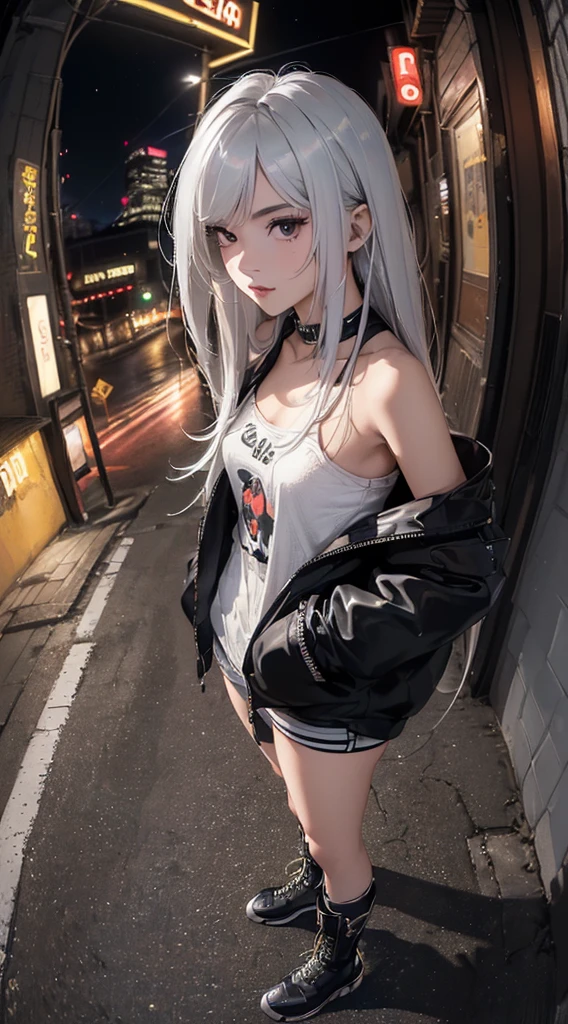 (((8k wallpaper of extremely detailed CG unit:1.2, masterpiece, hight resolution:1.2, top-quality:1.2, masutepiece))), ((a very beautiful woman, Hands in pockets:1.8, Street fashion:1.2, wearing a colorful jacket:1.2, Wearing boots)), ((extra detailed face, Highly detailed black eyes, extra detailed body, Top quality real texture skins)), (Silver straight hair:1.2, de pele branca, Small, exposed shoulder), ((Empty alley, Mileland. natta, Neon Street)), (high-angle, a closeup, Fisheye:1.2), hyper realisitic, digitial painting,