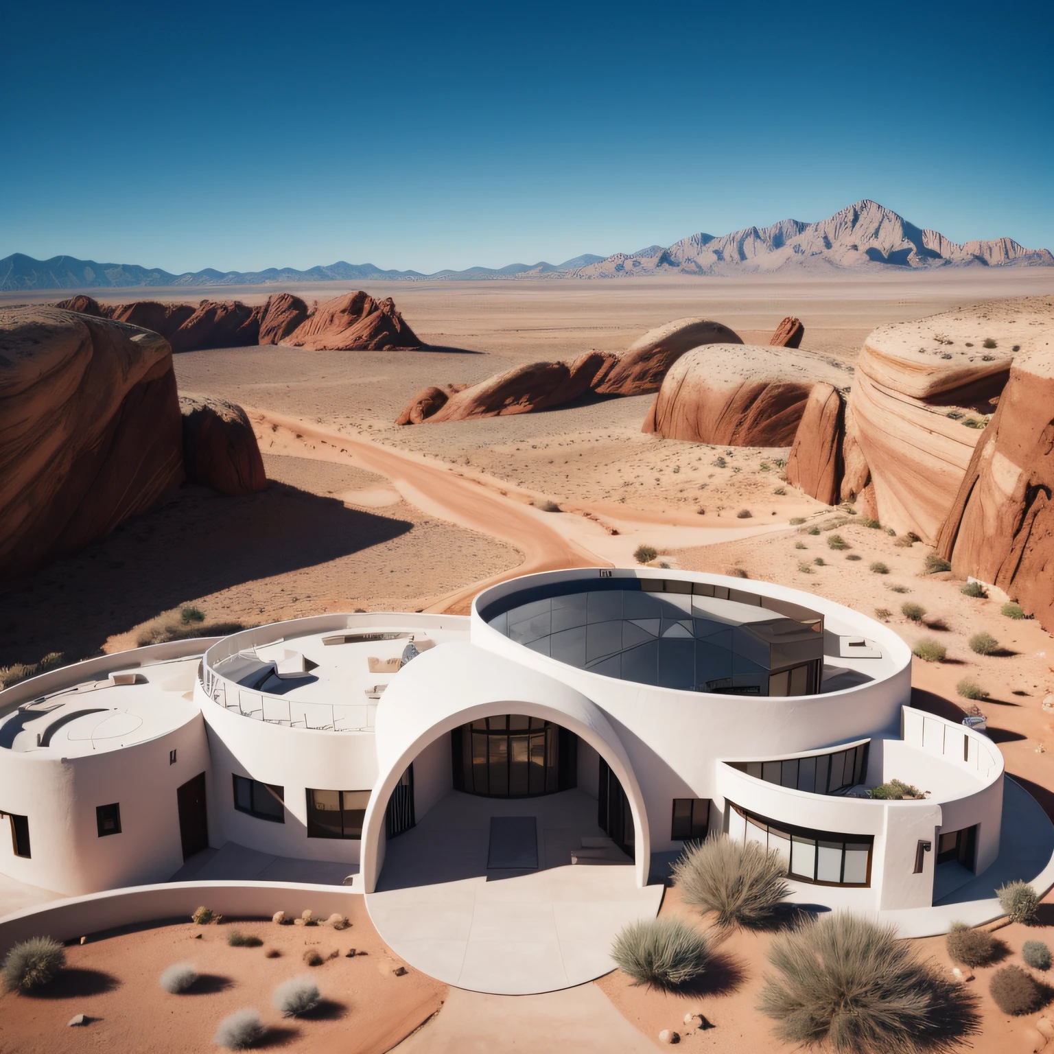 Curvilinear white house, black windows, red rock desert, clear sky, background mountains, 4K