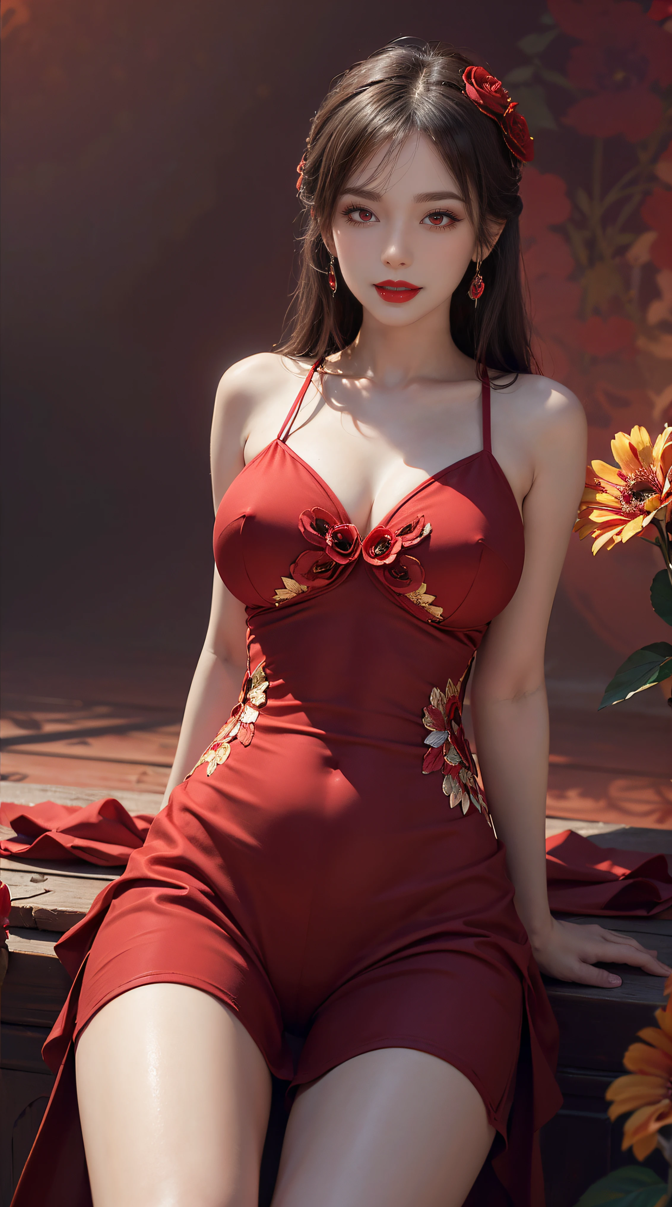 "1 beautiful girl in traditional costume, wearing a traditional Chinese ao dai in luminous red, Ao dai with red as the main color, black chest border and gold border, long hair and white bangs, hair jewelry most detailed and beautiful, Super cute little face, Extremely pretty face, sparse eyebrows, most flawless beautiful face, ((black pupil:0.8)), very beautiful eyes, ((eyes red:1.4)), beautiful and detailed eyelashes and very magical makeup, high nose, earrings, thin lips, red lips, no smiling, beautiful lips, rosy face, clean face, flawless beautiful face , smooth white skin, (big breasts: 0.9)), Blums breasts, ((big and super round breasts): 0.9)), ((super tight breasts: 1.2)), ((breast augmentation: 0.8)), beautiful breasts, sitting on the floor, Sitting with legs wide open, thighs wide and not shy, hands behind back, chest forward, leaning back slightly, beautiful girl's upper body, 8k photo, super high quality, hyper realistic, 10x super pixels, photo realistic, bright studio, bright edges, two-tone light color, (high detail) skin: 1.2), 8k ultra, soft light, high quality , volumetric lighting, realistic, Photos, high resolution, light, best photo, 4k, 8k quality, blur effect, Smooth and sharp, 10x pixels, aurora, lightning, super graphics , most realistic graphics,(Red flower background: 1.7), alone, solo, portrait 9:16, Extremely sharp, surreal image., (NSFW:1,7), pubic hair, spread legs, view from below, , transparent outfit, cameltoe, nipple, hard nipples, huge breasts
