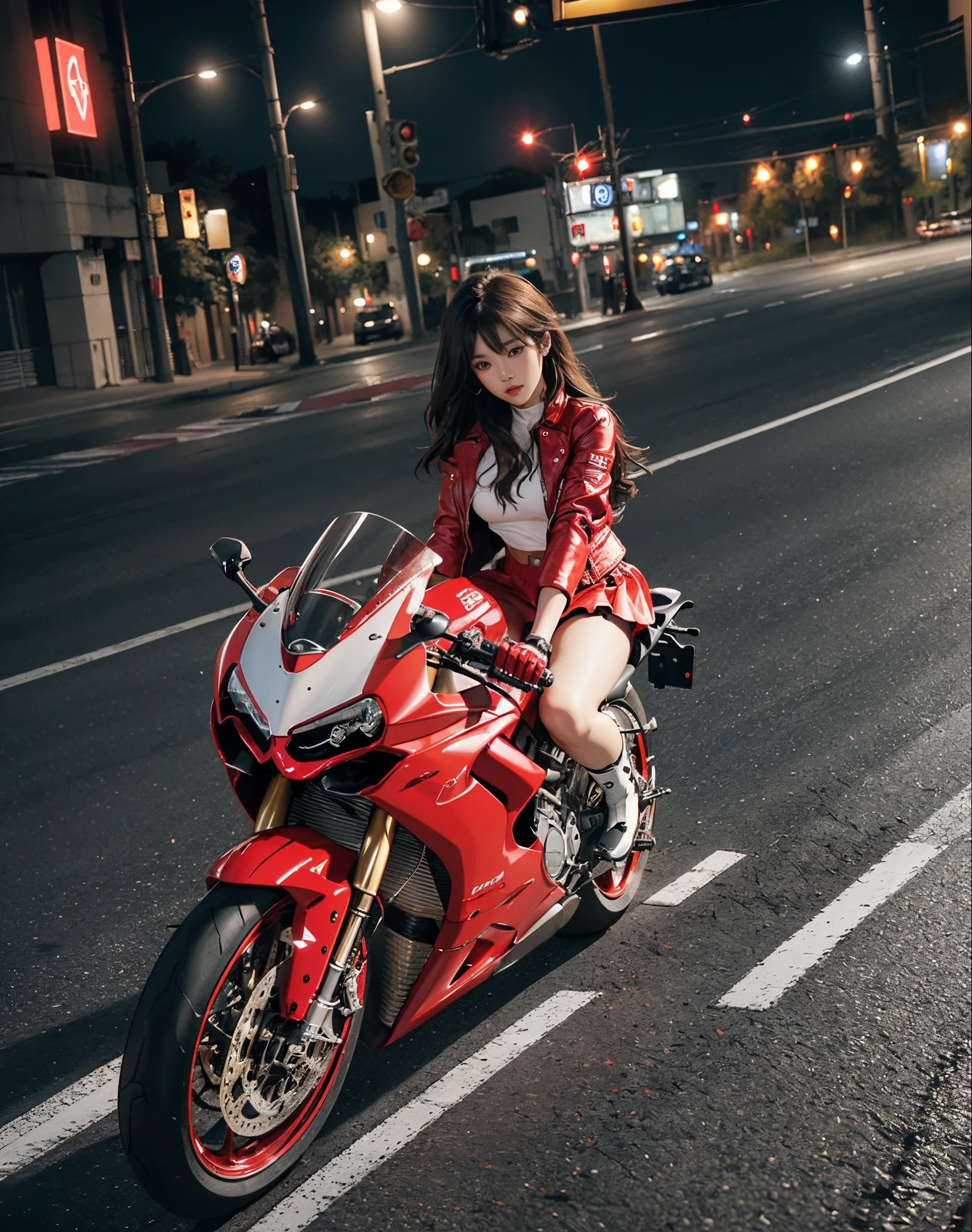 hight resolution、high-level image quality、in 8K、Real live-action、Raw photography、top-quality、masterpiece、masutepiece、(Soft Saturation:1)、(depth of fields:1.2)、(Ray traching:1.2)、Shot diagonally from above、mid night、optic、The background is a sci-fi future city at night..、Light traces、Flowing light、heavy wind、Big red motorcycle speeding through the city at night、Young woman in red dress sitting on a big red motorcycle, Beautiful face、kawaii faces、(Red Skin Jacket:1.2)、(Red short skirt:1.3)、white knee highs、(Red boots:1.2、Draw the toes:1.2)、perfect hand、perfect foot、perfect ankles、Perfect toes、Perfect toes、Perfect Heel:1.3、((Grasp the controller with both hands:1.2))、Slouched、put one'Upper body, lower body:1.2、Sitting on the Ducati Panigale V4,Riding the Ducati Panigale V4, Sci-fi style bikes, Sci-fi style bikes, Ducati Panigale V4 Motorcycle Rider, How to ride the Ducati Panigale V4, (Draw left and right rearview mirrors:1.3)、headlights shine blue、picture of a female biker, motorbike,Motorcycle displacement: Ducati Panigale V4 Details、motion-blur、raise white smoke、