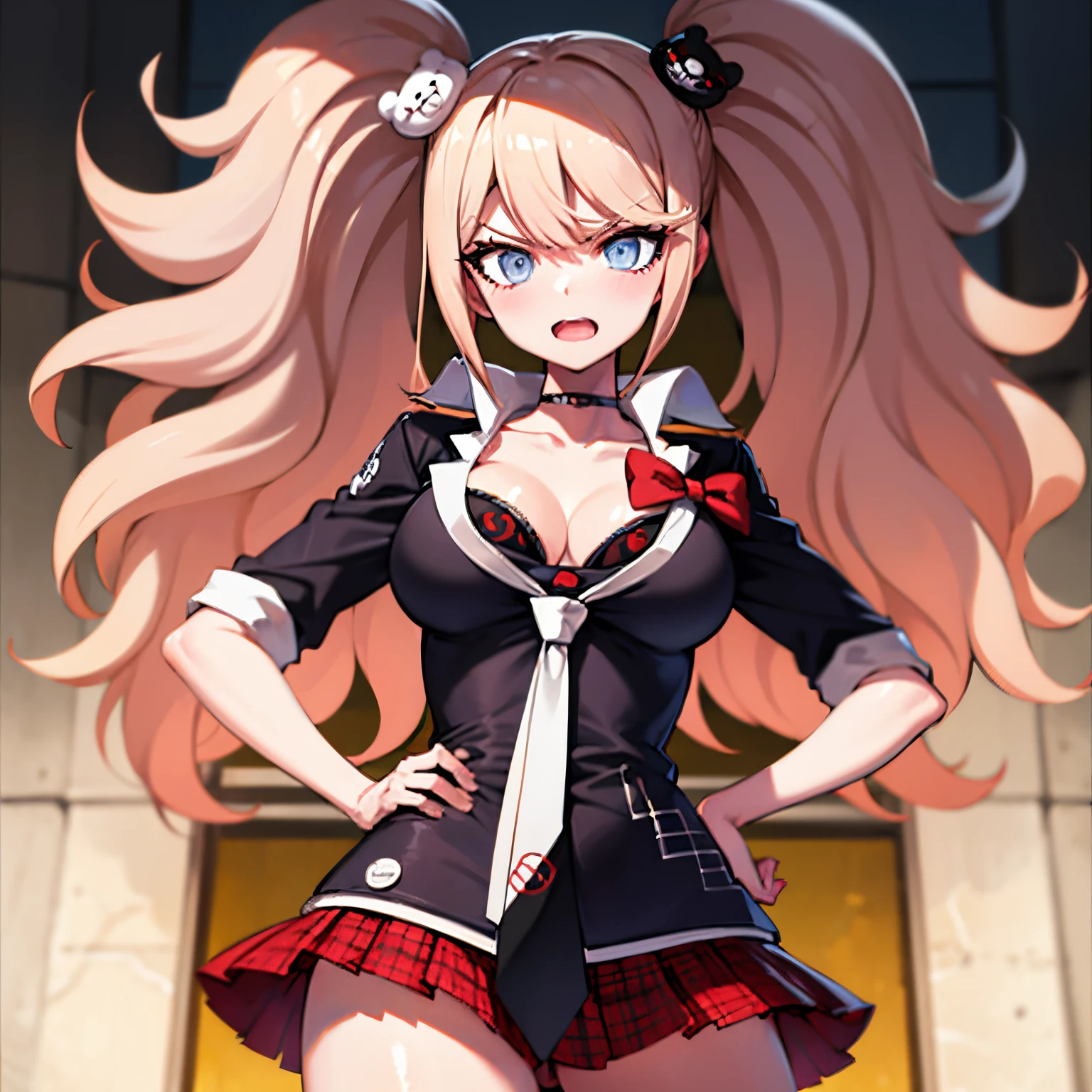 Junko Enoshima, pink gold long hair, 1girl in, Twin-tailed, 独奏, blue eyess,, bangss, bear hair ornament, (red claw), Red ribbons, Black shirt, undergarment, a choker, Black bra, cleavage of the breast, 鎖骨, Rolled up sleeves, white necktie, Red skirt with pleated plaid pattern, (student clothes), Black Cross Lace Knee Boots, Glossy, shinny hair, School scenery, school hallway, School windows, (Point to the viewer), looking at the viewers, put hands on the hip、Tsundere、kawaii、get angry、get blush、Opening Mouth、a school bag、Beautiful hands、forefinger、Five Fingers、(Toenails)、(red claw)