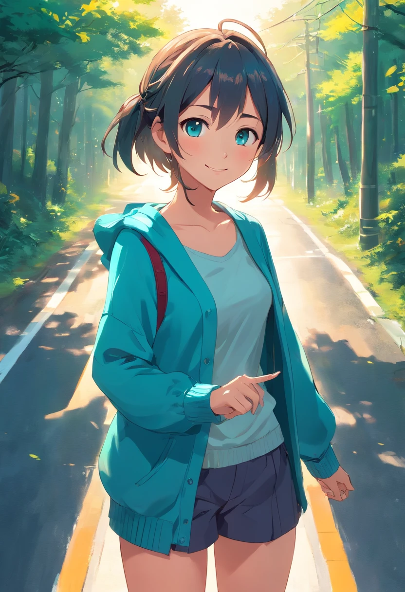 best quality, masterpiece, nice hands, perfect hands, Miku hiking, smile, small breasts, Blue Cardigan, county road,