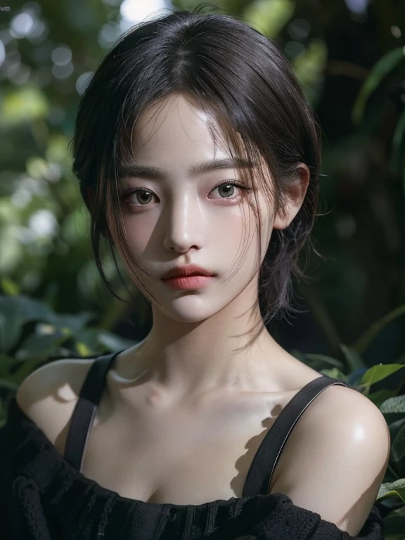 Best quality, masterpiece, ultra high res, (photorealistic:1.5), raw photo, 1girl, offshoulder, in the dark, deep shadow, low key, cold light, sexy look, short hair