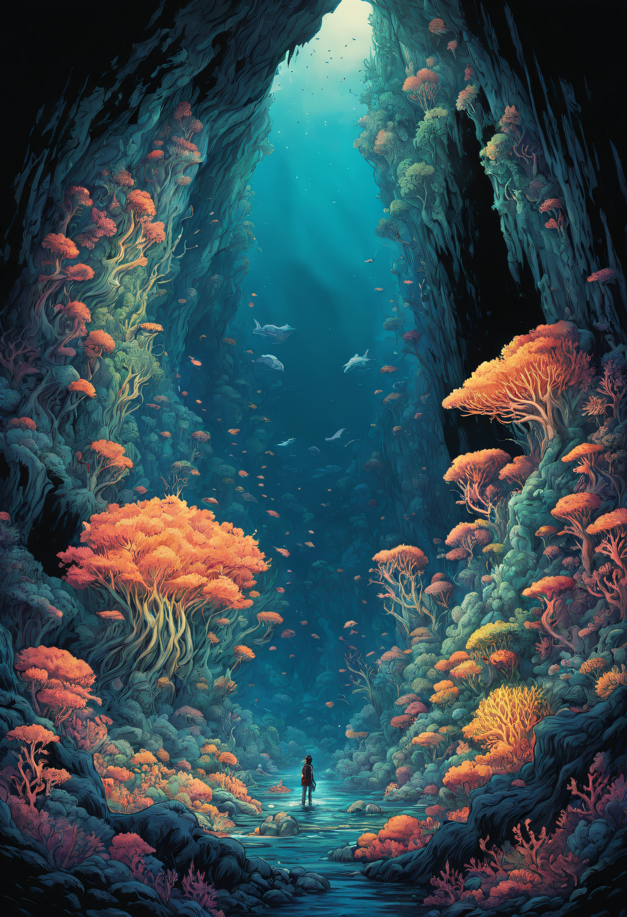 Deep Sea Revised Cave、high ceiling cave、diego gisbert lawrence、josan gonzales、by Dan Mumford、a storybook illustration、Psychedelic Art、1 girl in、bubbling、The corals、AngelT、Horizon、Eau、vague、superwide shot,masutepiece、top-quality、ultra-detailliert、Dense、Composition of the golden ratio、