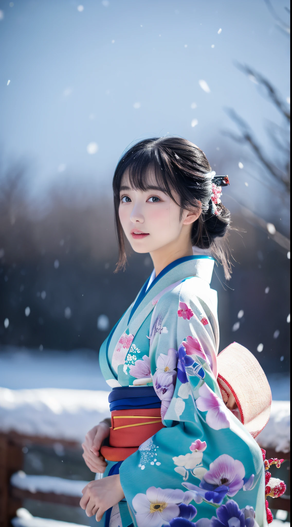 ((Kimono))、(full body Esbian)、(top-quality,​masterpiece:1.3,超A high resolution,),(ultra-detailliert,Caustics),(Photorealsitic:1.4,RAW shooting,)Ultra-realistic capture,A highly detailed、 Skin texture is natural、25-years old、The skin looks healthy with an even tone、 Use natural light and color、One Woman,japanes、A dark-haired,Middle hair,、(Falling snow:1.1)、(Hair swaying in the wind:1.3)、(Snow reflects light)、Light in the eyes、Looking at the camera