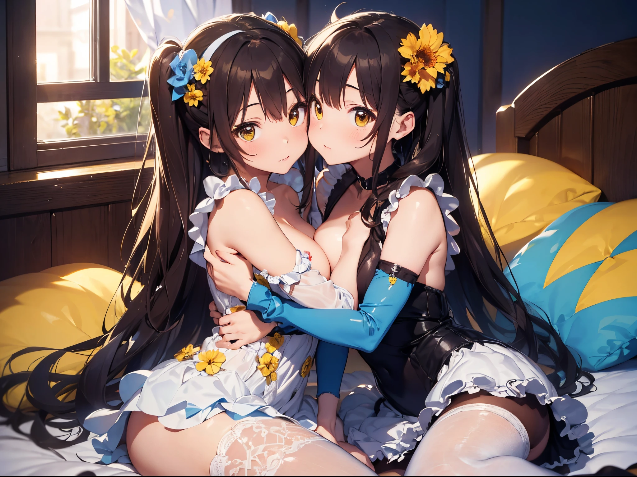 (Best Picture Quality, 4K, High Quality, Masterpiece:1.2), ((Masterpiece)), High Detail, High Quality, (HDR,16k, RAW Beautiful Girl Portrait, Best Picture Quality, Masterpiece:1.2), (Ultra-Definition Illustration), nsfw, bedroom, lying on bed, 2 girls, idolmaster, young , spotlight, ((lesbian:1.1)) ((topless)), (girls hugs each other), (intense kiss:1.2), extremely cute, brown hair color, twintail hair, sleeveless, detached sleeves, (yellow & blue frilled open chest dress with flower stitches:1.3), tiara, embarrassed, pantyhose, showing armpts