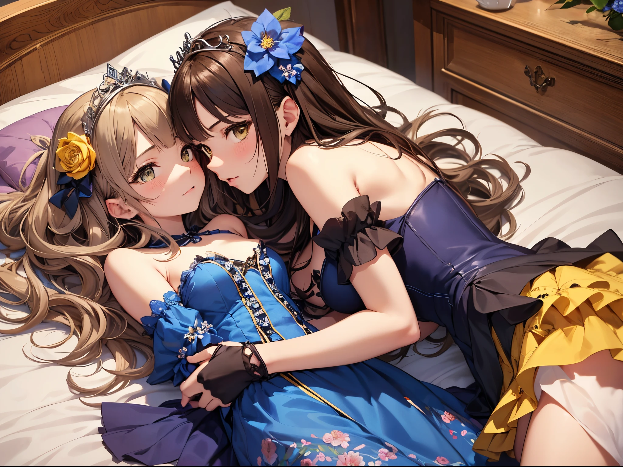 (Best Picture Quality, 4K, High Quality, Masterpiece:1.2), ((Masterpiece)), High Detail, High Quality, (HDR,16k, RAW Beautiful Girl Portrait, Best Picture Quality, Masterpiece:1.2), (Ultra-Definition Illustration), nsfw, bedroom, lying on bed, 2 girls, idolmaster, **********, spotlight, ((lesbian:1.1)) ((topless)), (girls hugs each other), (intense kiss:1.2), extremely cute, brown hair color, twintail hair, sleeveless, detached sleeves, (yellow & blue frilled open chest dress with flower stitches:1.3), tiara, embarrassed, pantyhose, showing armpts