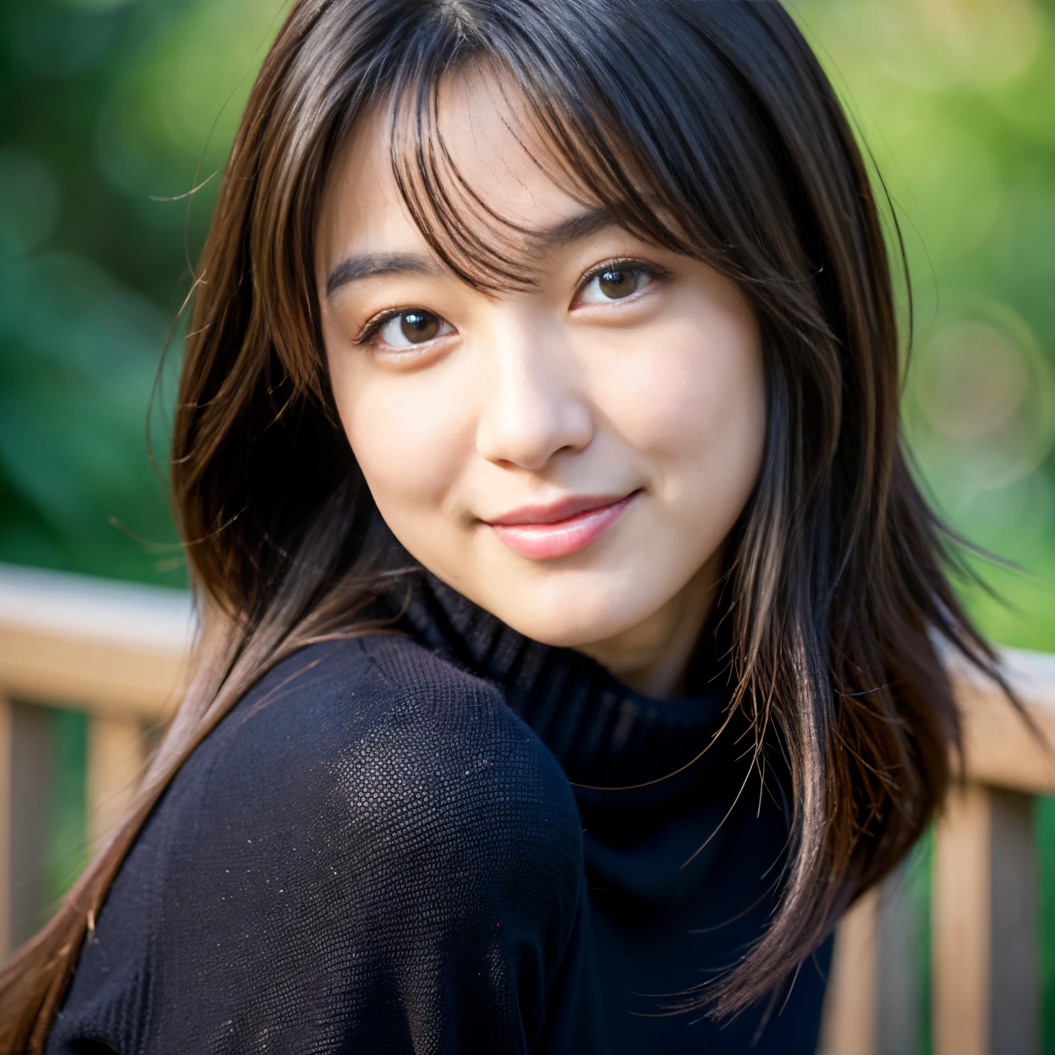 Best-quality, Masterpiece, Ultra-High-Resolution, (Photorealistic:1.4), Raw-Photo, Extremely-Details, Perfect-Anatomy, 1girl, 30-years-old, the most famous Japanese actress, portrait, from behind, looking back at viewer, beautiful smile, wearing very tight and long-sleevele turtleneck sweater with cute design, detailed extremely beautiful face like a most popular Japanese actress, detailed extremely beautiful big black solid circle eyes, detailed extremely beautiful hair, detailed extremely beautiful realistic skins, detailed extremely beautiful big breasts, detailed very tight and long-sleeve turtleneck sweater with cute design