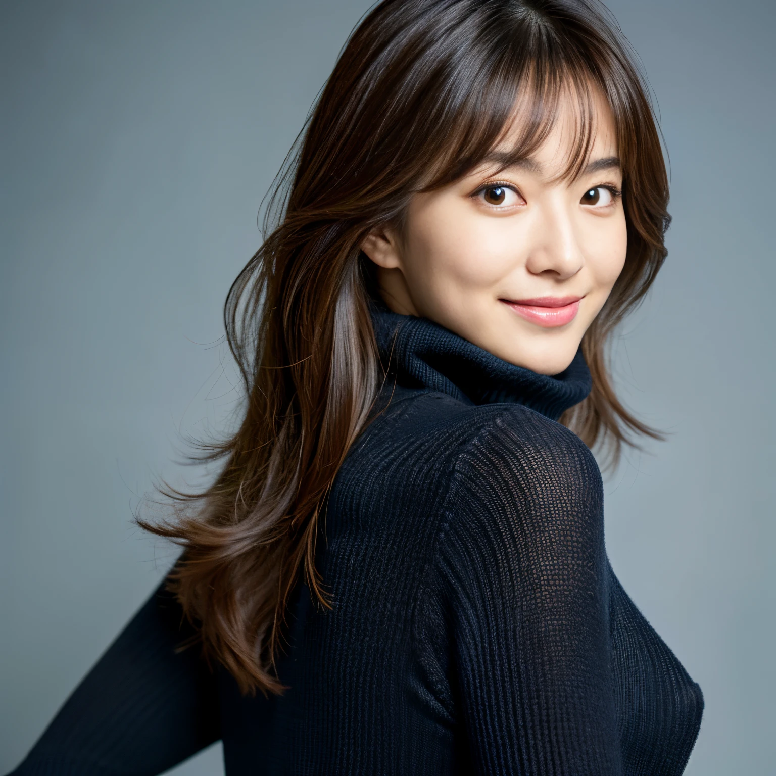 Best-quality, Masterpiece, Ultra-High-Resolution, (Photorealistic:1.4), Raw-Photo, Extremely-Details, Perfect-Anatomy, 1girl, 30-years-old, the most famous Japanese actress, portrait, from behind, looking back at viewer, beautiful smile, wearing very tight and long-sleevele turtleneck sweater with cute design, detailed extremely beautiful face like a most popular Japanese actress, detailed extremely beautiful big black solid circle eyes, detailed extremely beautiful hair, detailed extremely beautiful realistic skins, detailed extremely beautiful big breasts, detailed very tight and long-sleeve turtleneck sweater with cute design