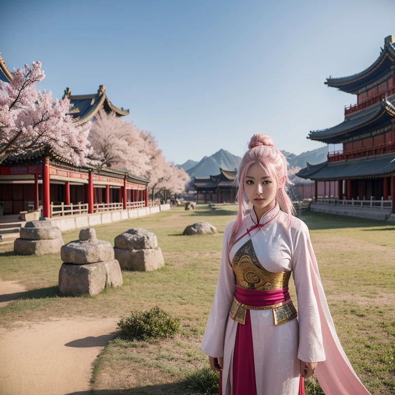 Ancient Chinese wars，Female general，Chinese woman，Wearing kai armor，Bleached pink hair，Charming eyes and good figure，Ancient scenes，heroic look