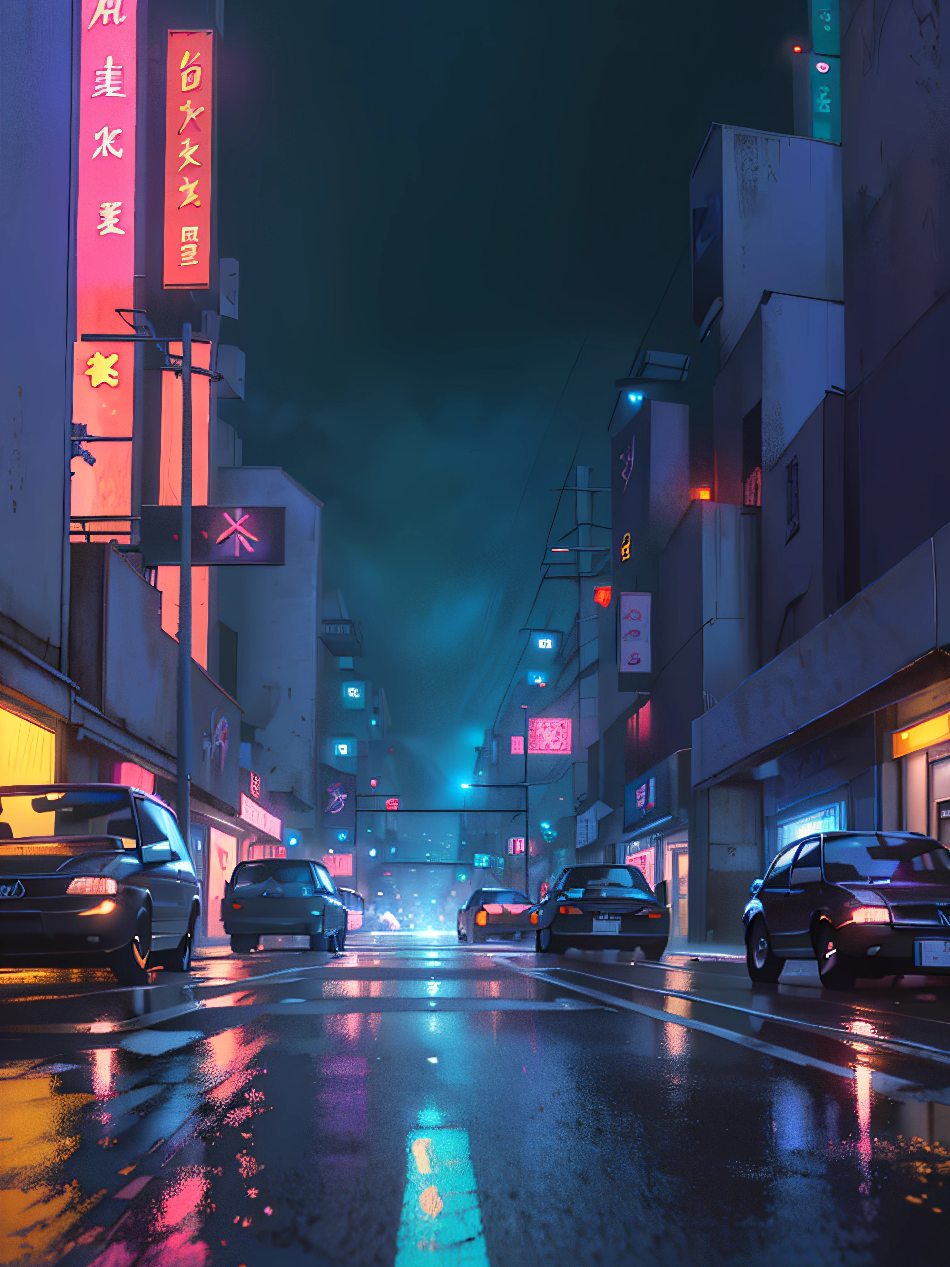 cars are parking down a city street at night after the rain, Depth in field ultra detailed rainy anime city, ultra detailed anime illustartion city street, ultra detailed anime city street, ultra detailed futuristic city street, hyper realistic anime illustration city, hyper-realistic anime style, street, ultra detailed anime city street background, futuristic street, urban concept art, cinematic neon matte painting, cinematic matte illustration, inspired by Liam Wong