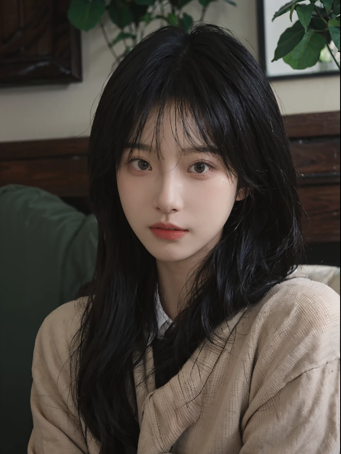 Best quality at best, 超高分辨率, (realistically:1.4), A woman with long black hair and a gray sweater, mid view, JK school uniform,under a ray of sunshine,She has black hair,through bangs, young lovely Korean faces, Cute Korean face, Urzans, Shin Jinying, beautiful aesthetic face, Korean facial features, Played by Liu Li Zhien ,beautiful realistic face