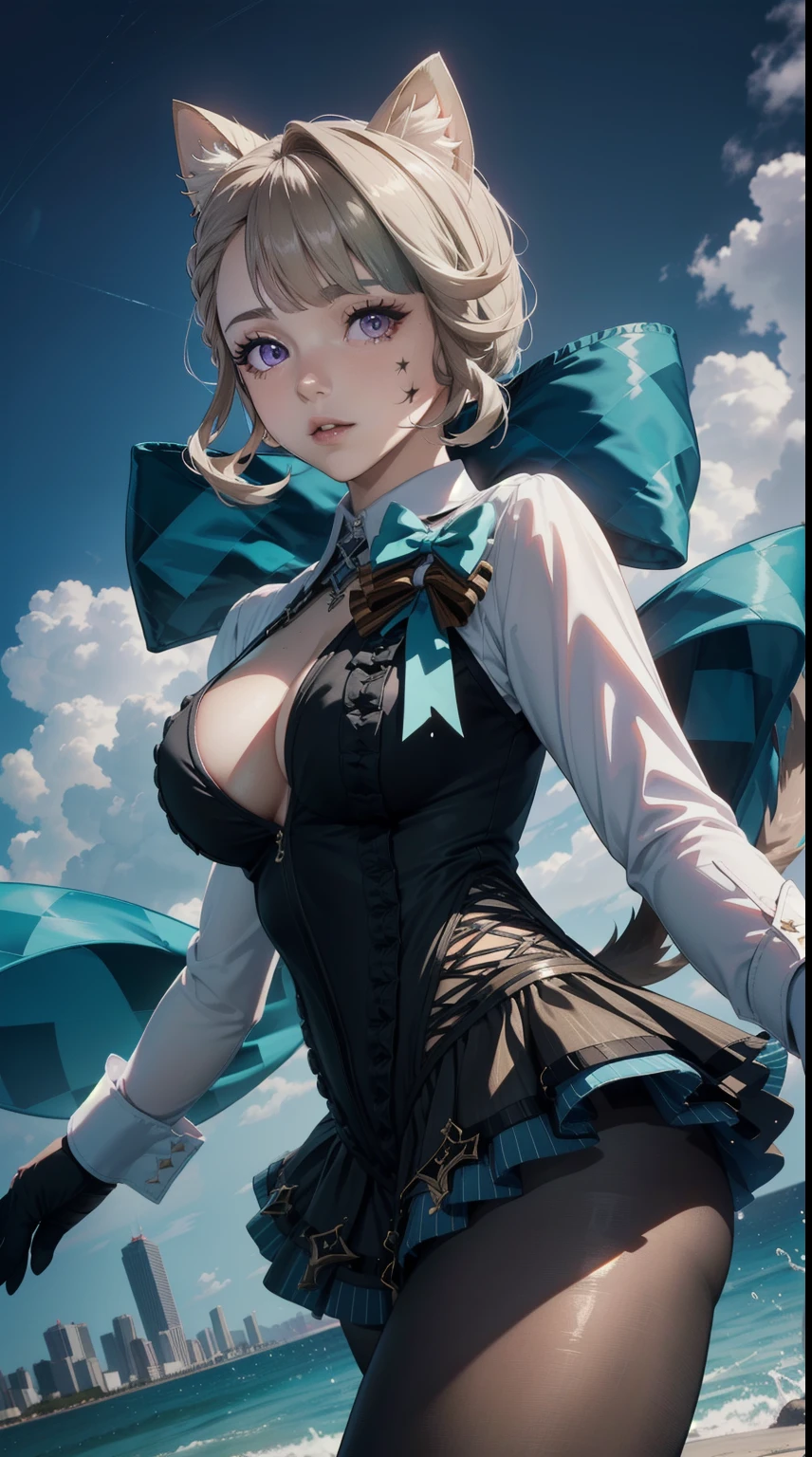 ((4k)),((masterpiece)),(best quality),((ultra detailed)), ((beautiful detailed sky)), ((cinematic lighting)), depth of field, (dynamic angle),((beautiful detailed eyes), ((dynamic pose)), pretty face, large boobs, (cleavage, bare thighs), ((sexy)),((animal ears, cat ears, animal ear fluff, bow, tail, cat tail, pantyhose, long sleeves, black gloves, braid, skirt, black pantyhose,lynette,))