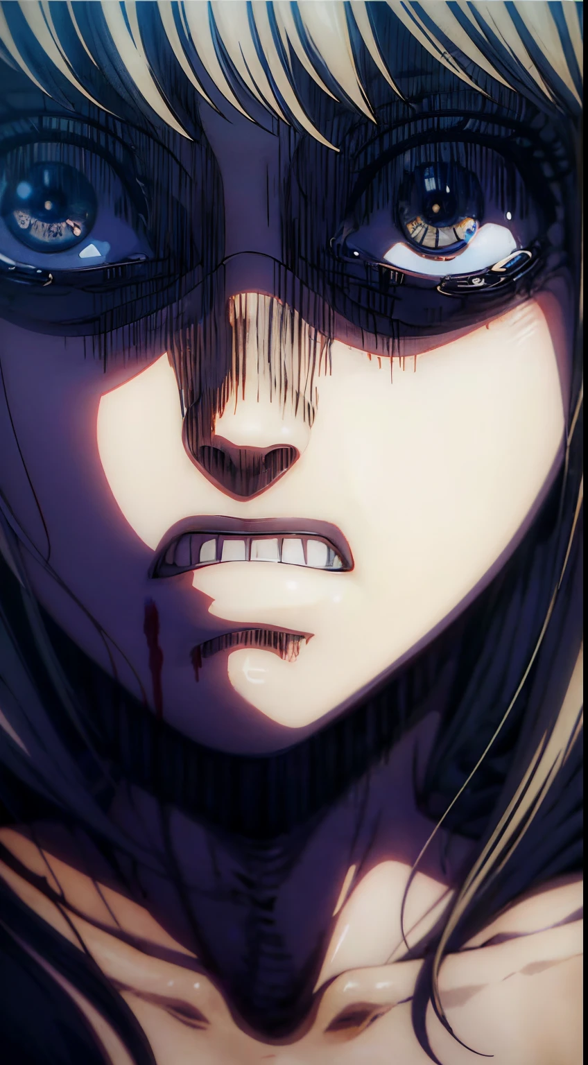 A girl with bright blue eyes and long silver hair, resembling Ymir Fritz, stands in the center of a desolate battlefield from the Attack on Titans series. She is dressed in a tattered cloak, her face marked with exhaustion and sorrow. The expression on her face reflects a deep sense of depression and sadness. Her lips are chapped, giving her an even more somber appearance. The scene is set against a backdrop of destruction, with crumbling buildings and the remnants of fallen titans.
The medium of this artwork is a detailed oil painting, showcasing the artist's skill and attention to realism. The brushstrokes capture every intricate detail of the girl's face, making her emotions palpable to the viewer. The texture of the paint adds depth and intensity to the overall composition.
Additional details include bloodstains on the girl's bandaged arms, emphasizing the brutality of the battle she has endured. The bandages wrap tightly around her wounds, showcasing her resilience and perseverance amidst the chaos. The wounds themselves are depicted with utmost realism, further emphasizing the gravity of the situation.
The image quality is of the highest standard, with a focus on capturing every minute detail. The resolution is set at 4K, resulting in a masterpiece that can truly be appreciated at the highest level. The artwork exudes an ultra-detailed and photorealistic quality, immersing the viewer in the emotionally charged atmosphere.
The art style is characterized by its dramatic and dark theme, reflecting the intensity of the Attack on Titans series. The color palette consists of deep and somber shades, with hints of red symbolizing the bloodshed and sacrifice. The lighting is low and moody, casting long shadows across the battlefield. This adds to the overall sense of despair and tragedy portrayed in the artwork, official art,extremely detailed CG unity 8k wallpaper, perfect lighting,Colorful, Bright_Front_face_Lighting,White skin, (masterpiece:1.0),(best_quality)