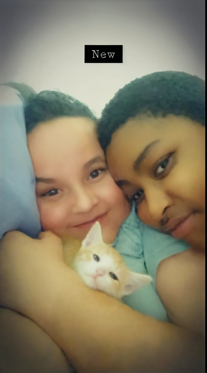 there are two children that are cuddling together with a cat, very very low quality picture, profile picture, high quality upload, with cats on her side, profile pic, low quality photo, not blurry, roomies, snapchat photo, cute photo, pov photo, with small cat on lap, profile picture 1024px, selfie photo, cuddling, profile photo. Disney Pixlar