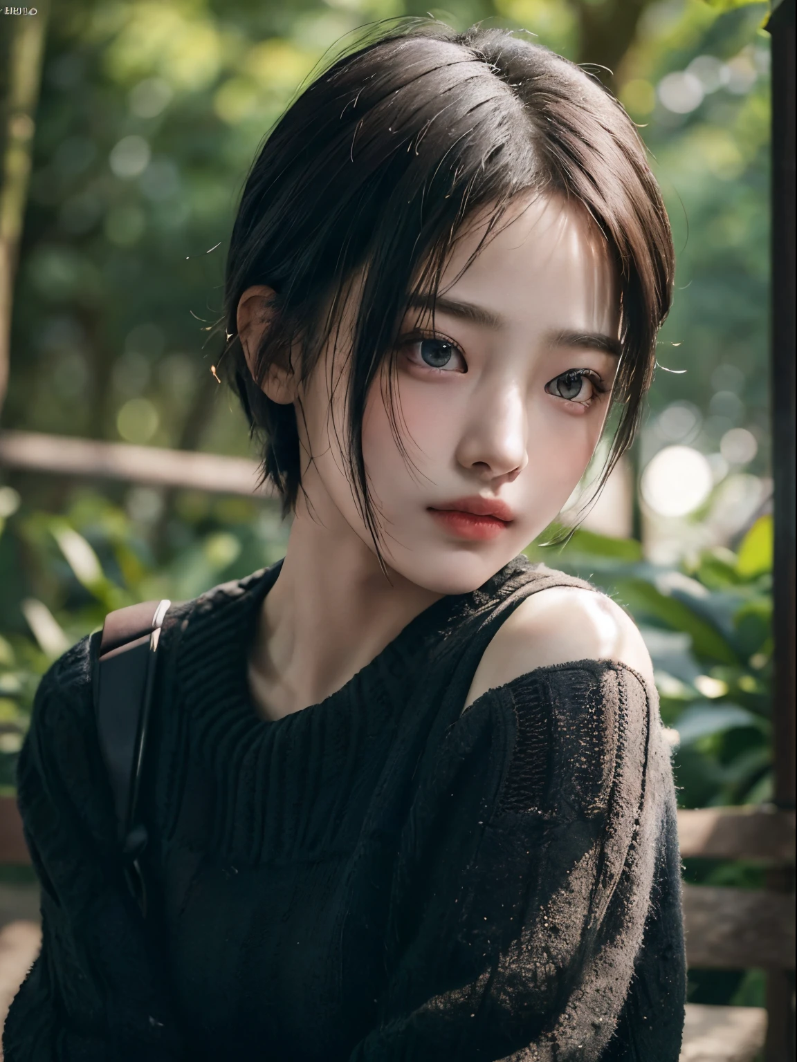Best quality, masterpiece, ultra high res, (photorealistic:1.5), raw photo, 1girl, offshoulder, in the dark, deep shadow, low key, cold light, sexy look, short hair